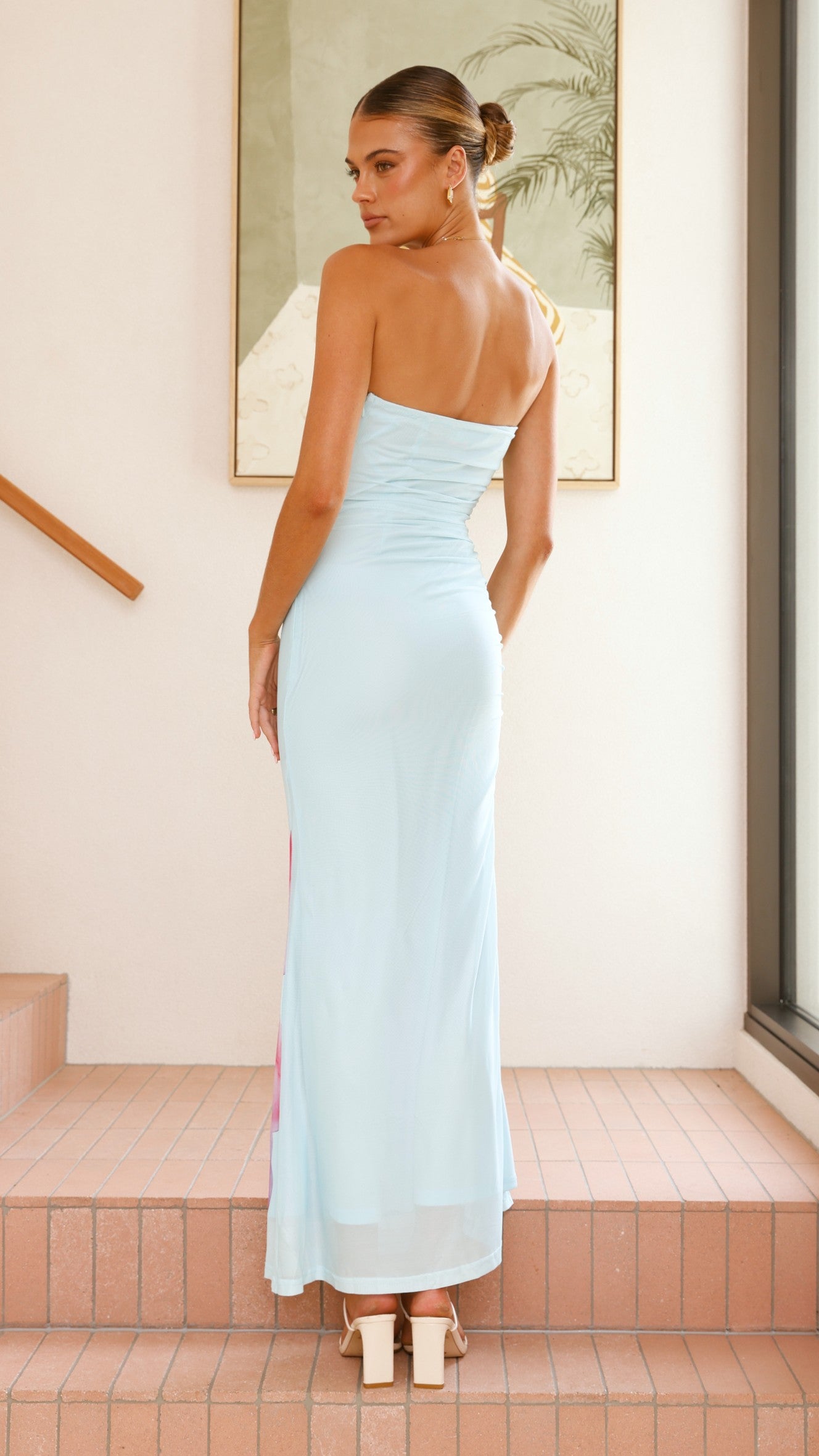 Brittani Strapless Maxi Dress for Women - Flowy Summer Beach Dress in Blue & Pink | Perfect for Beach Vacations, Weddings & Date Nights