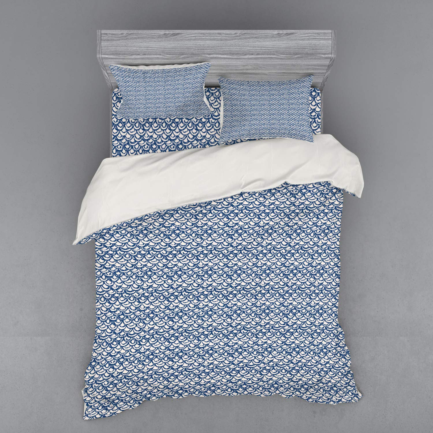 Ambesonne Ethnic Duvet Cover Set - Hand Drawn Indonesian Batik Pattern with Curves & Triangles, 4-Piece Queen Size Bedding Set (Duvet Cover, 2 Pillow Shams, Fitted Sheet) in Navy Blue & Cream - Perfect for Boho & Ethnic Style Bedrooms, Guest Rooms & Dorm Decor