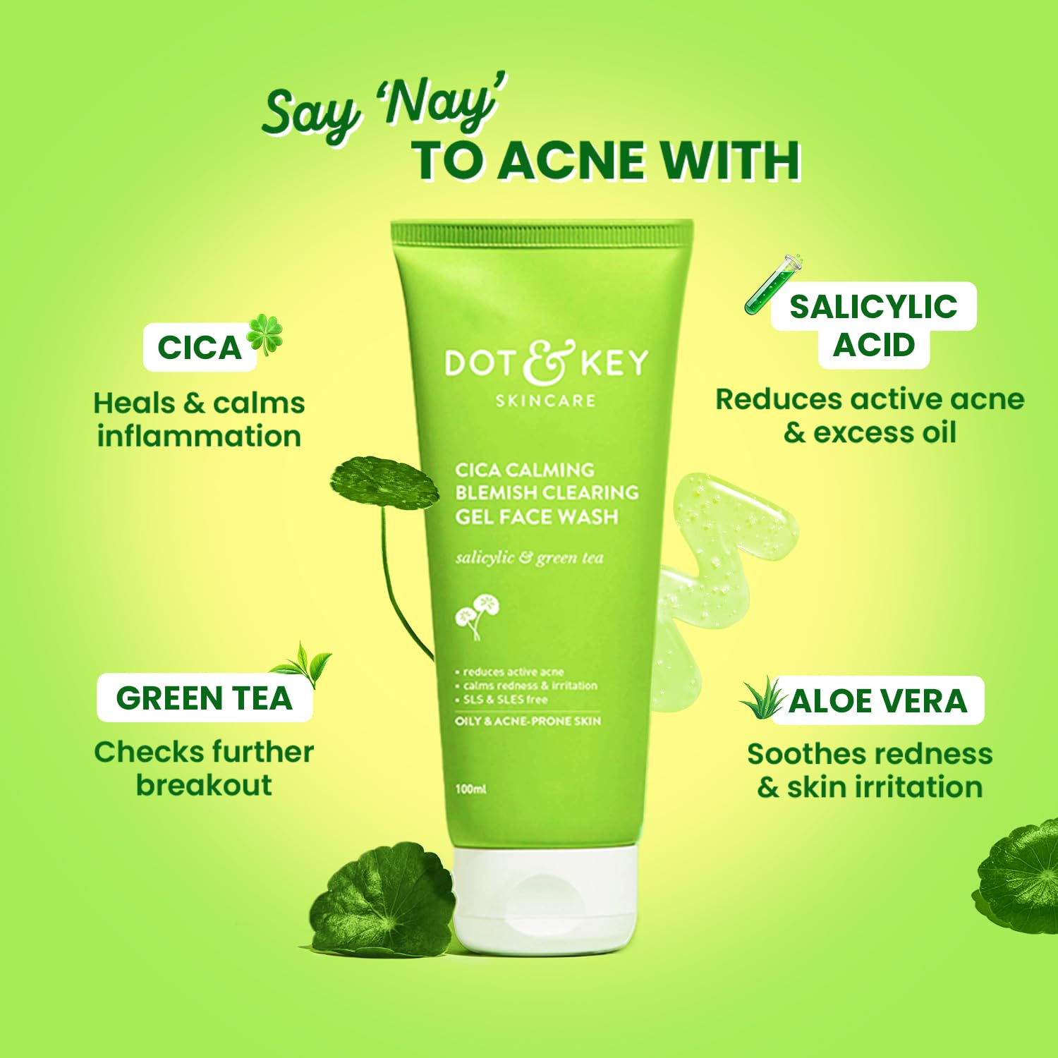 Dot & Key CICA Face Wash for Acne Prone Skin - 2% Salicylic Acid & Green Tea Formula | Oil Control Face Wash with Zinc for Oily & Sensitive Skin | Sulphate Free Skincare for Men & Women | 100ml | Perfect for Daily Cleansing & Acne Treatment Routine