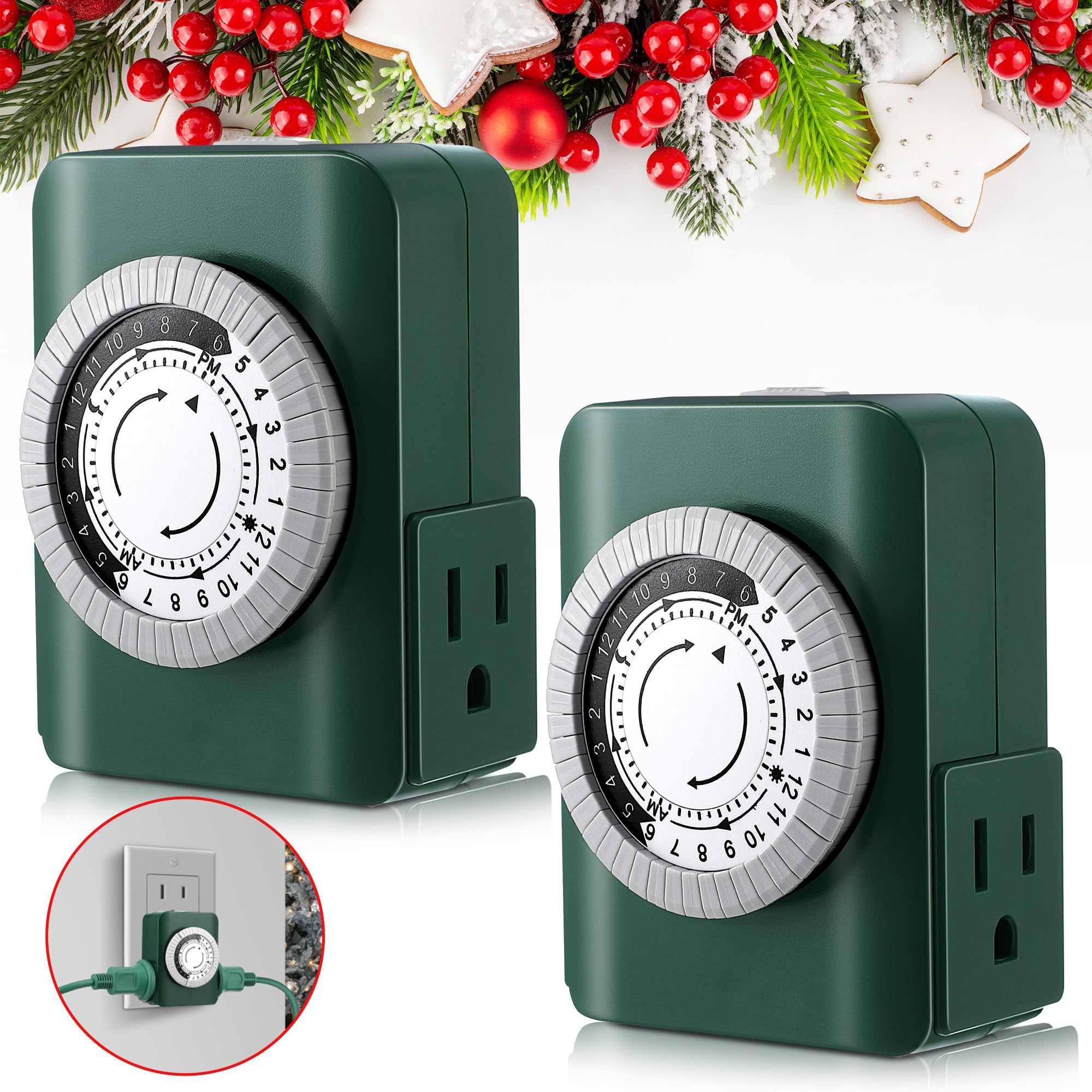 24 Hour 2 Grounded Outlets Mechanical Outlet Timer - Plug in Light Timer for Christmas Tree & Indoor Electrical Outlets - Daily On/Off Cycle - Perfect for Xmas Lights, Holiday Decorations & Home Appliances (2 Pack, Green)