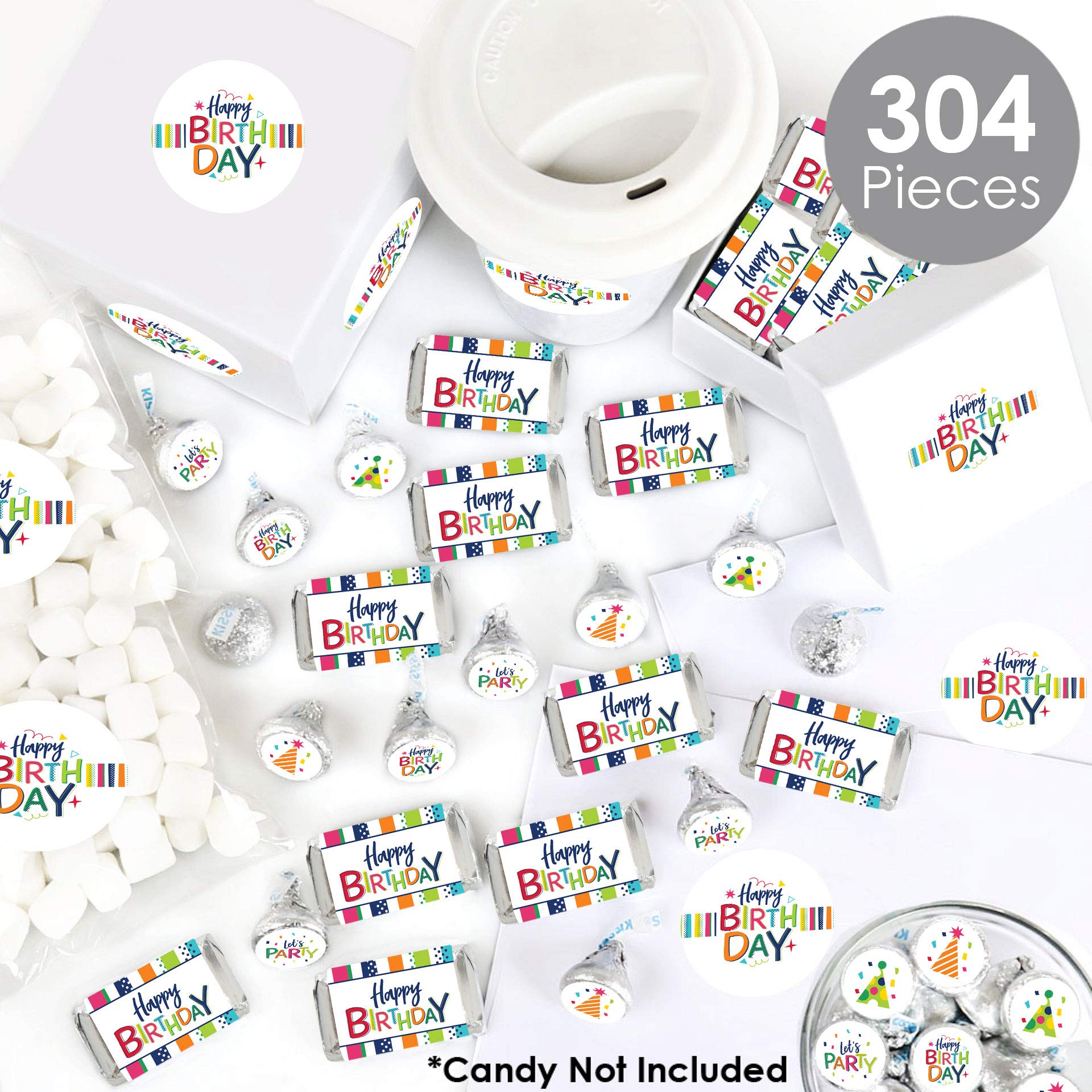 Happy Birthday Candy Wrappers & Stickers Kit - 304 Pieces Colorful Party Favors for Birthdays, Celebrations, Baby Showers & DIY Crafts - Big Dot of Happiness Cheerful Mini Candy Bar Wrappers with Round Stickers