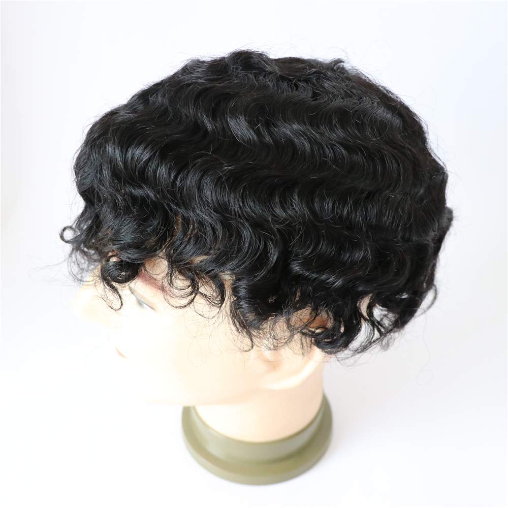 Men's French Lace Wave Hair Toupee 8x10 Inch - Afro Loose Curly Human Hair Replacement Piece #1B Off Black - 120% Medium Density - Perfect for Daily Wear, Cosplay & Hair Loss Solutions