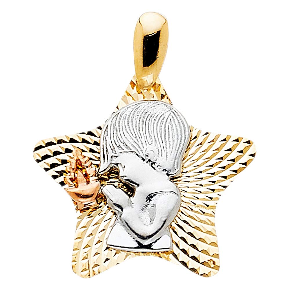 14K Yellow Gold, White Gold & Rose Gold Star with Praying Boy Pendant Necklace - 20x16mm Elegant Jewelry Gift for Women - Perfect for Birthdays, Anniversaries & Special Occasions