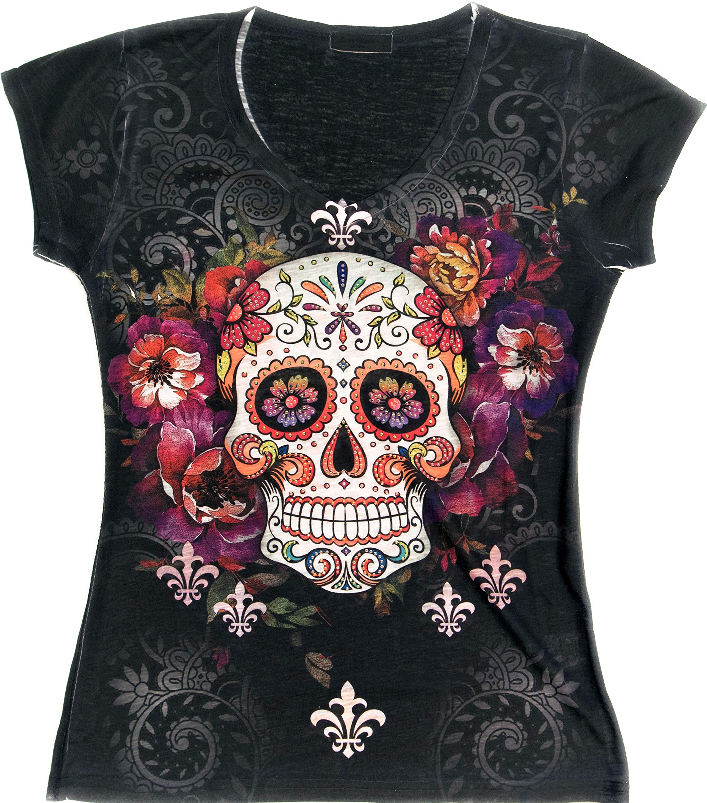 USA Made Women's Sugar Skull V-Neck T-Shirt with Rhinestone Decor - Gothic Fashion, Day of the Dead Celebration & Casual Wear