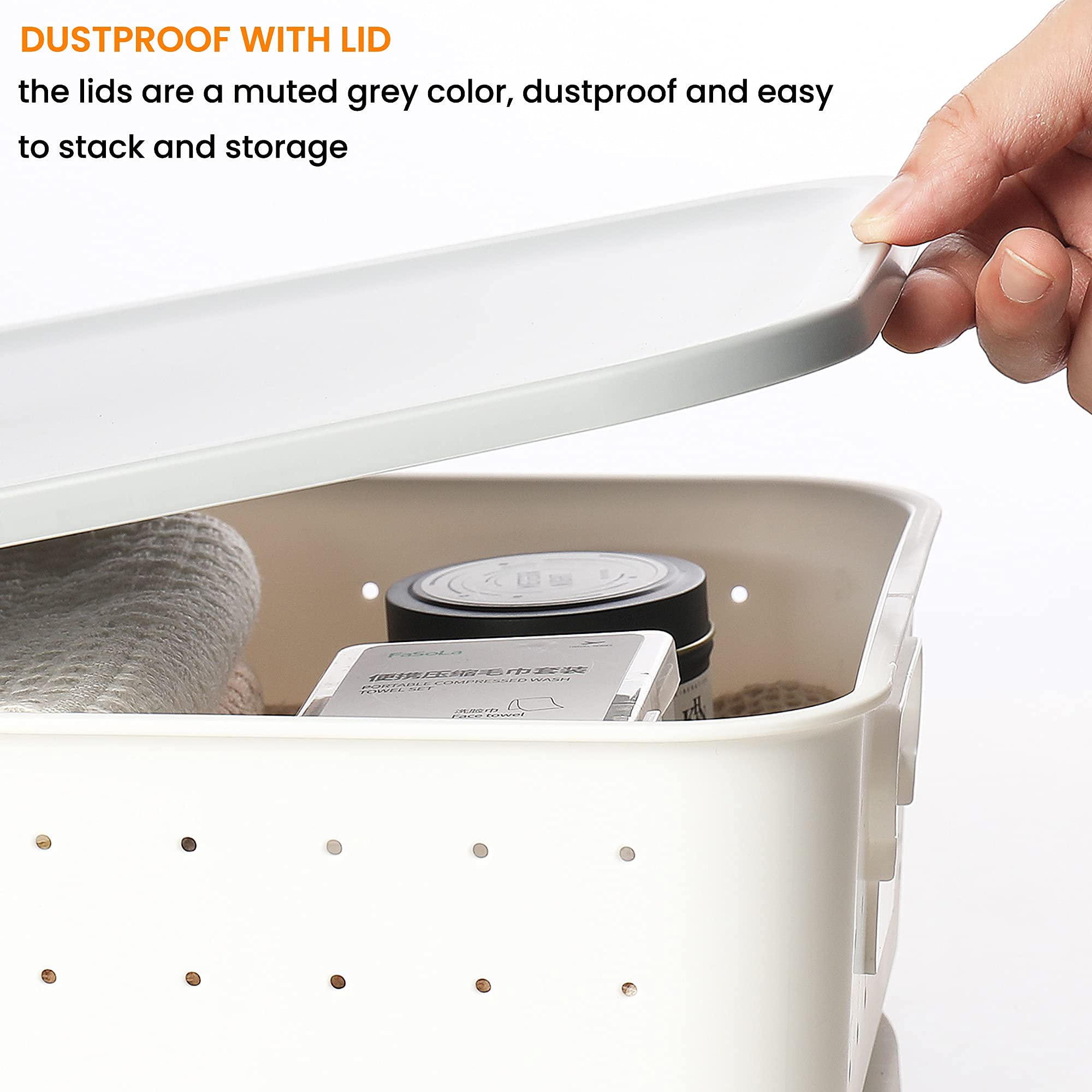 Durable Plastic Storage Baskets with Lid - Stackable Organizer for Closet & Office (14x10x8in, White)