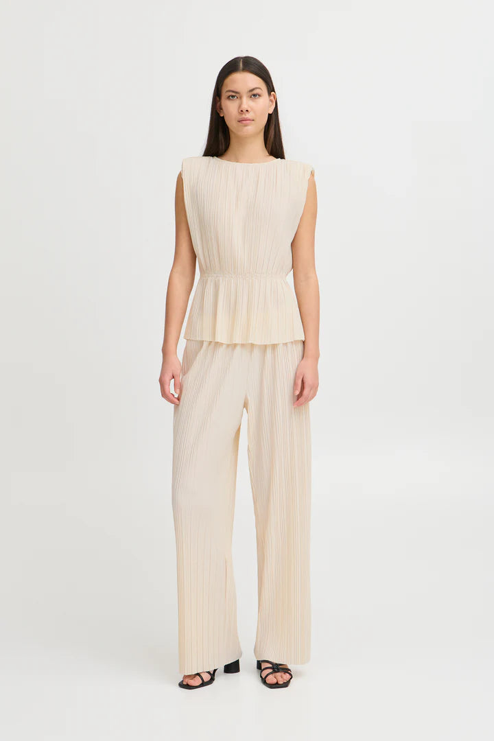 Ana Plisse Sleeveless Top for Women - Soft Almond Milk Color, Breathable Summer Blouse - Perfect for Casual Outings, Beach Cover-ups & Date Nights