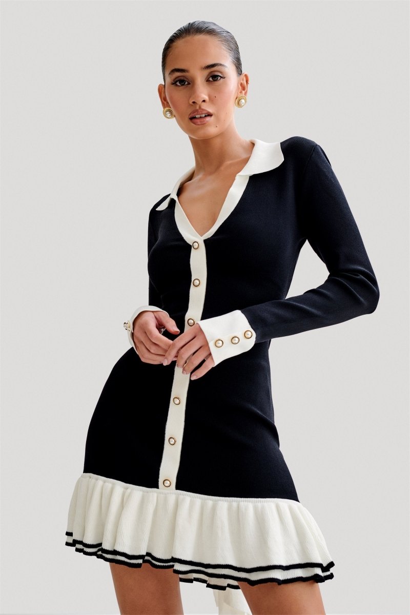 Alexia Contrast Ruffle Bow Mini Knit Dress - Women's Elegant Party Cocktail Dress for Date Night & Special Occasions