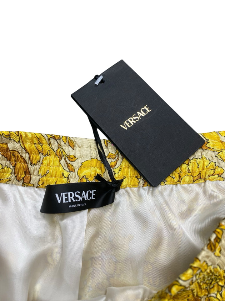 Versace Barocco Champagne Print Silk Shorts for Men - Size Small | Luxury Designer Swimwear for Pool Parties & Beach Vacations