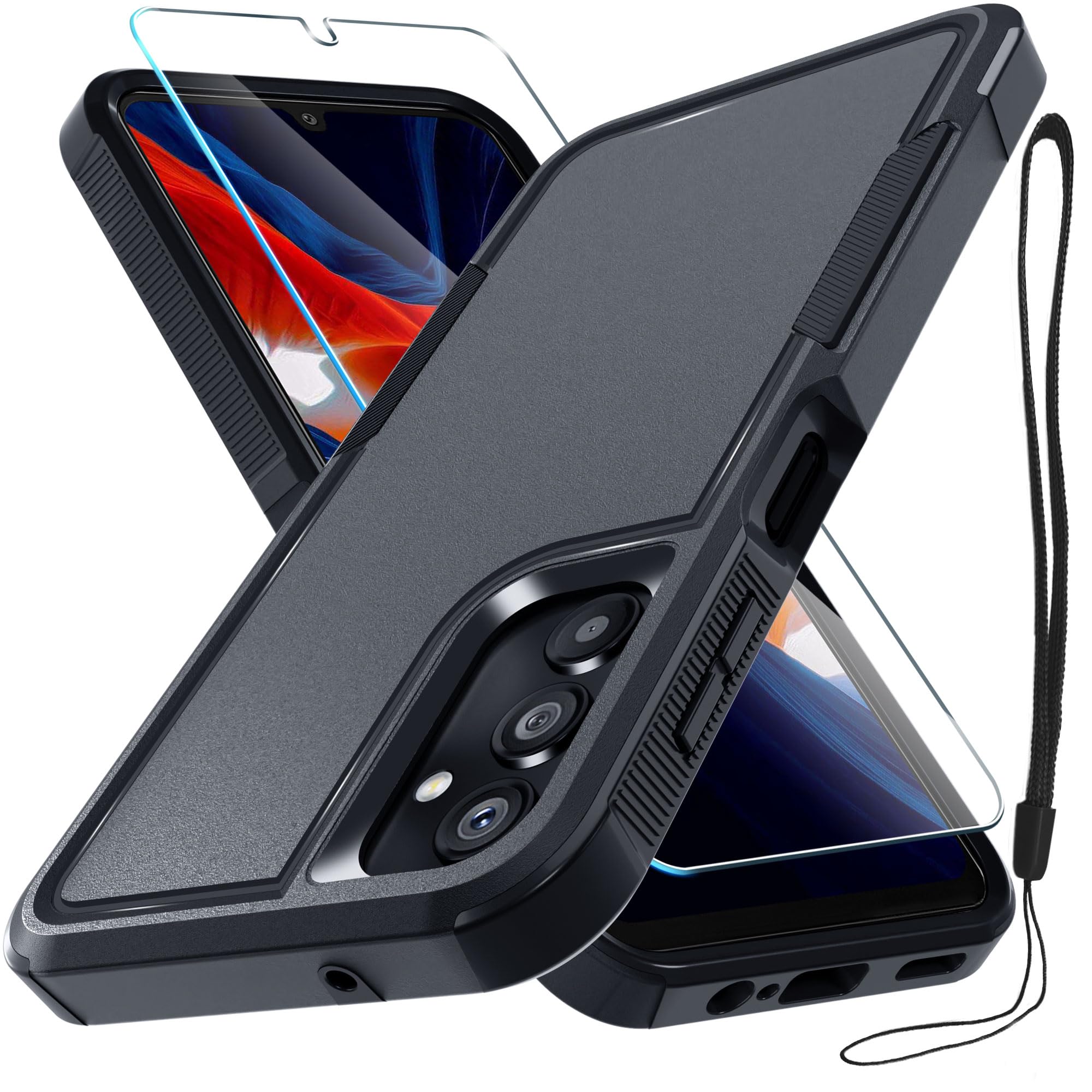 RMOCR Heavy Duty Rugged Shockproof Case for Samsung Galaxy A25 - Full Body Protective Phone Cover with Lanyard Strap & Tempered Glass Screen Protector (Black Matte) - Perfect for Outdoor, Work & Extreme Sports
