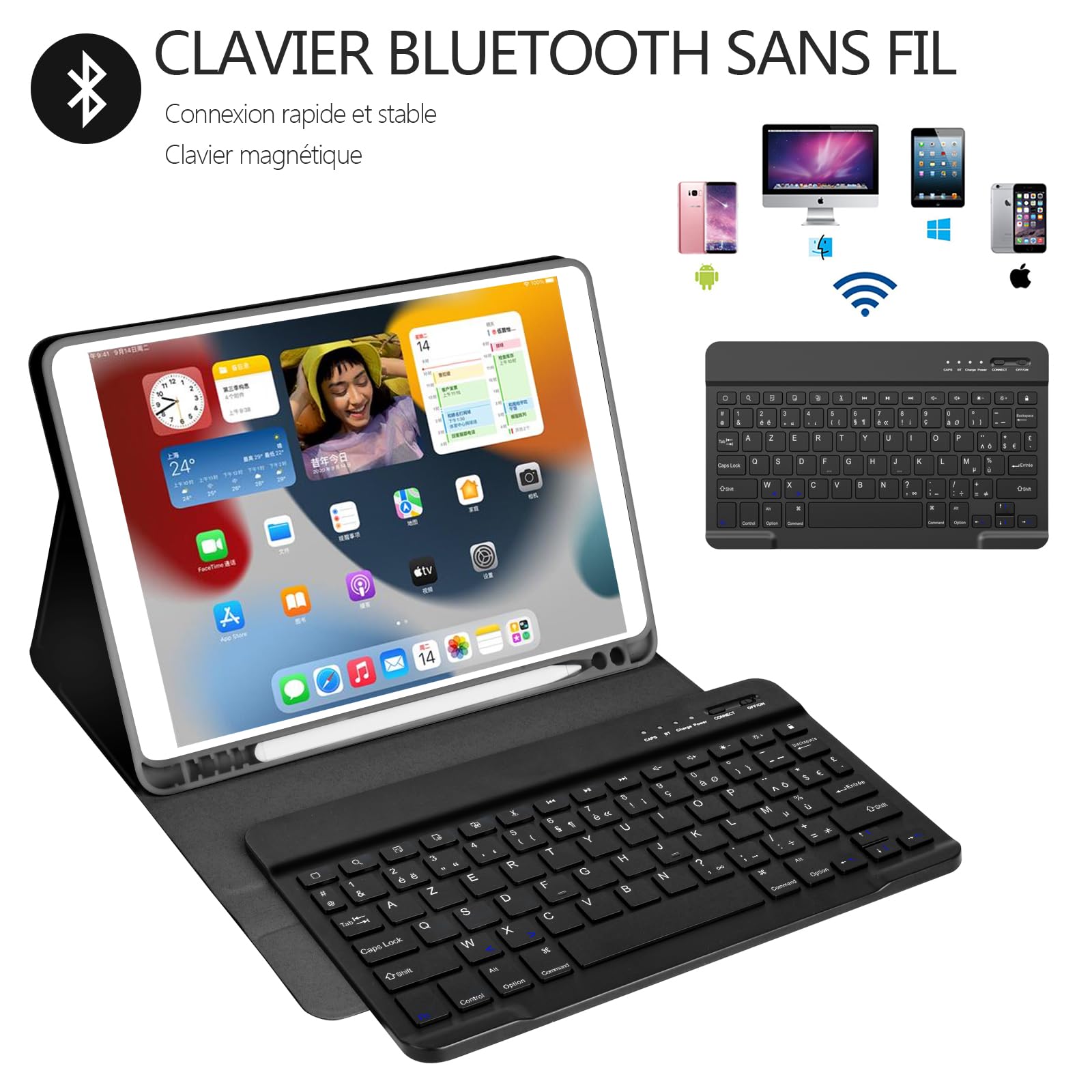 HOTLIFE Wireless Bluetooth Keyboard Case for iPad 10.2 9th/8th/7th Gen 2021/2020/2019 & iPad Air 3 2019 & iPad Pro 10.5 - French AZERTY Layout, Removable Protective Cover (Black) - Perfect for Work, Study & Travel