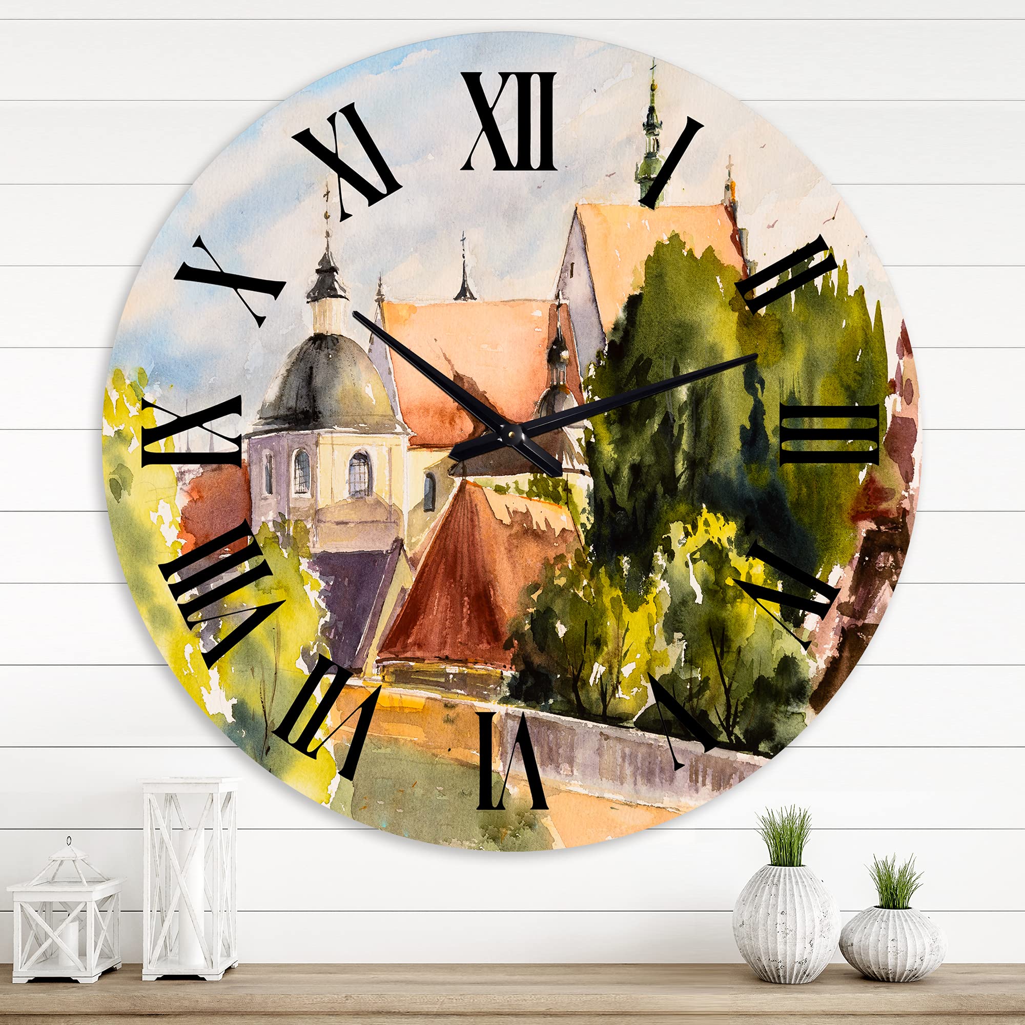 DesignQ Traditional Wall Clock - Vintage Polish City Landscape Art, Large Decorative Clock for Living Room, Bedroom, Office | Perfect for Home Decor & Gift Giving