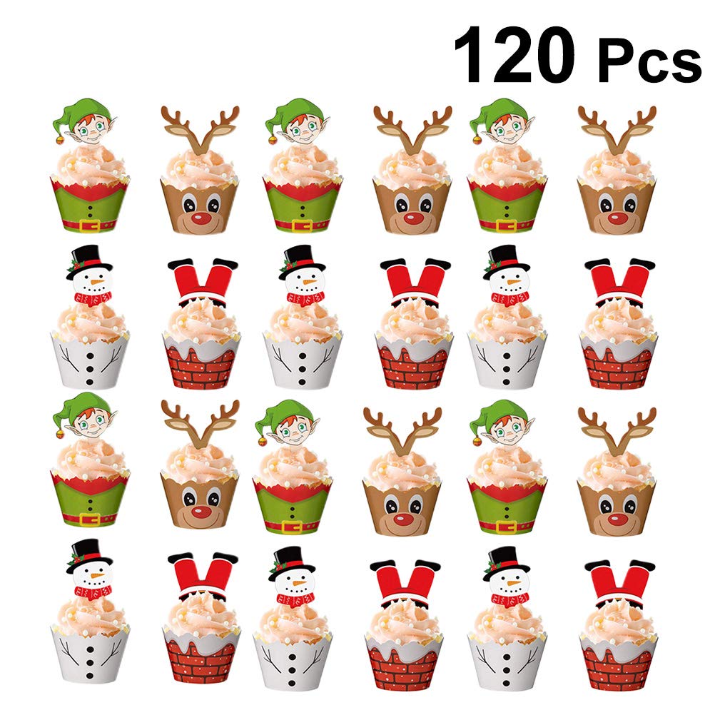 BESPORTBLE 120Pcs Christmas Cake Decorations Set - Cake Wrappers, Toppers, Cupcake Wrappers & Picks for Birthday, Holiday Baking & Party Decor