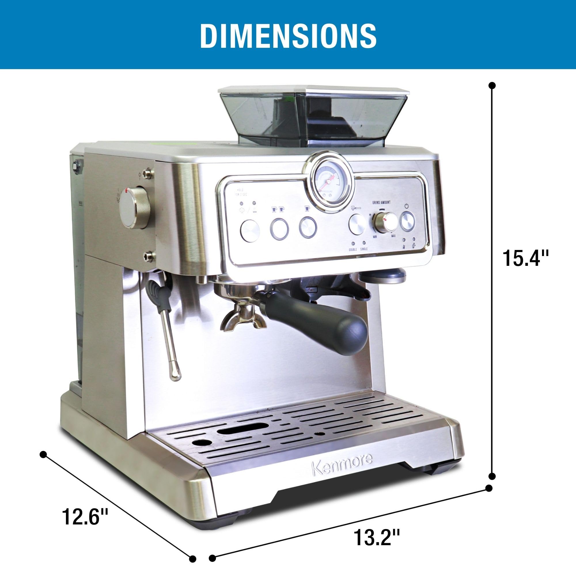 Kenmore Semi-Automatic Espresso Machine with Built-in Grinder & Milk Frother - Stainless Steel Coffee Maker for Cappuccino, Latte - Perfect for Home Baristas & Coffee Shops