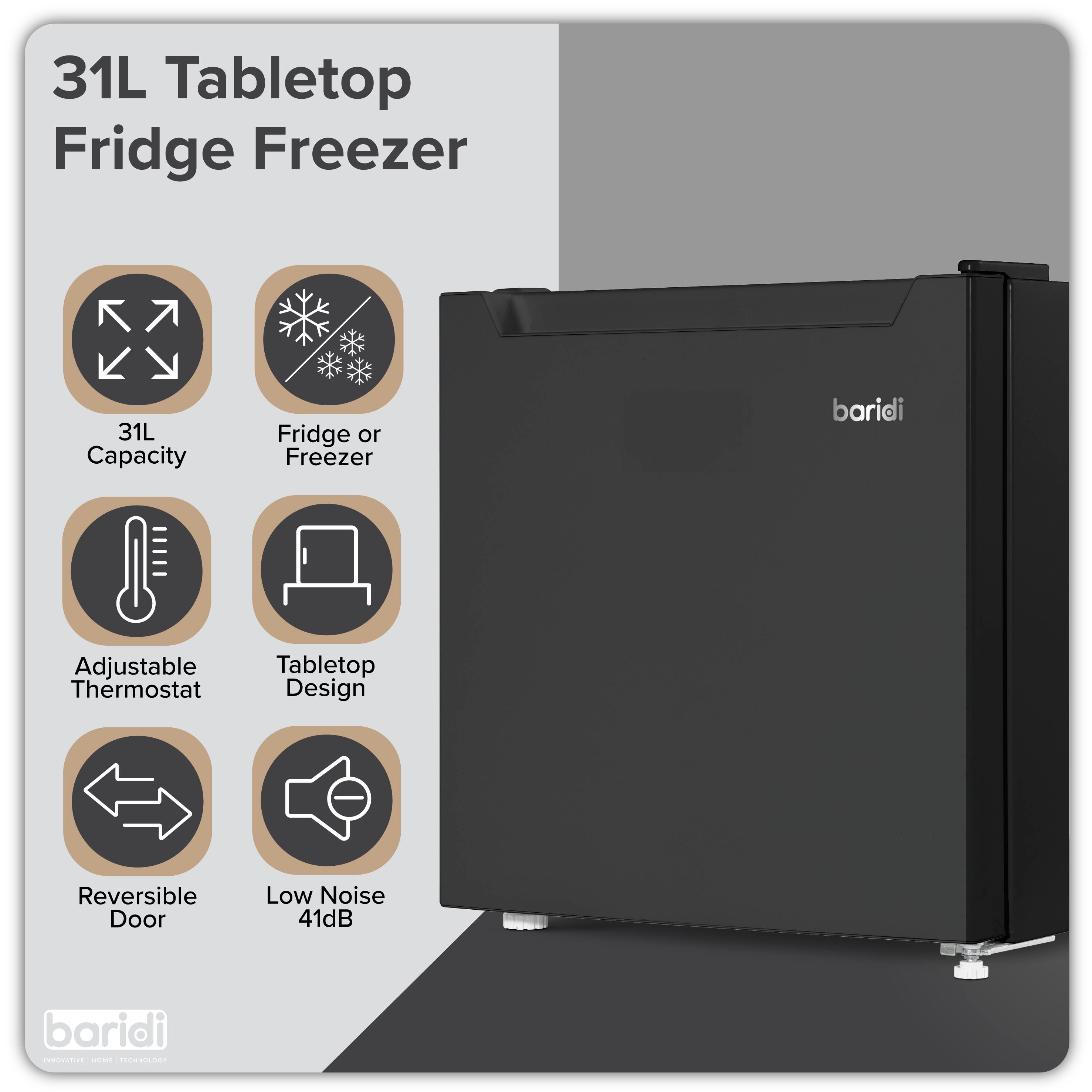 Baridi 31L Mini Tabletop Fridge & Freezer with Reversible Door - Compact Black Refrigerator for Bedroom, Office, Dorm | Perfect for Drinks, Snacks & Skincare Storage - Model DH255