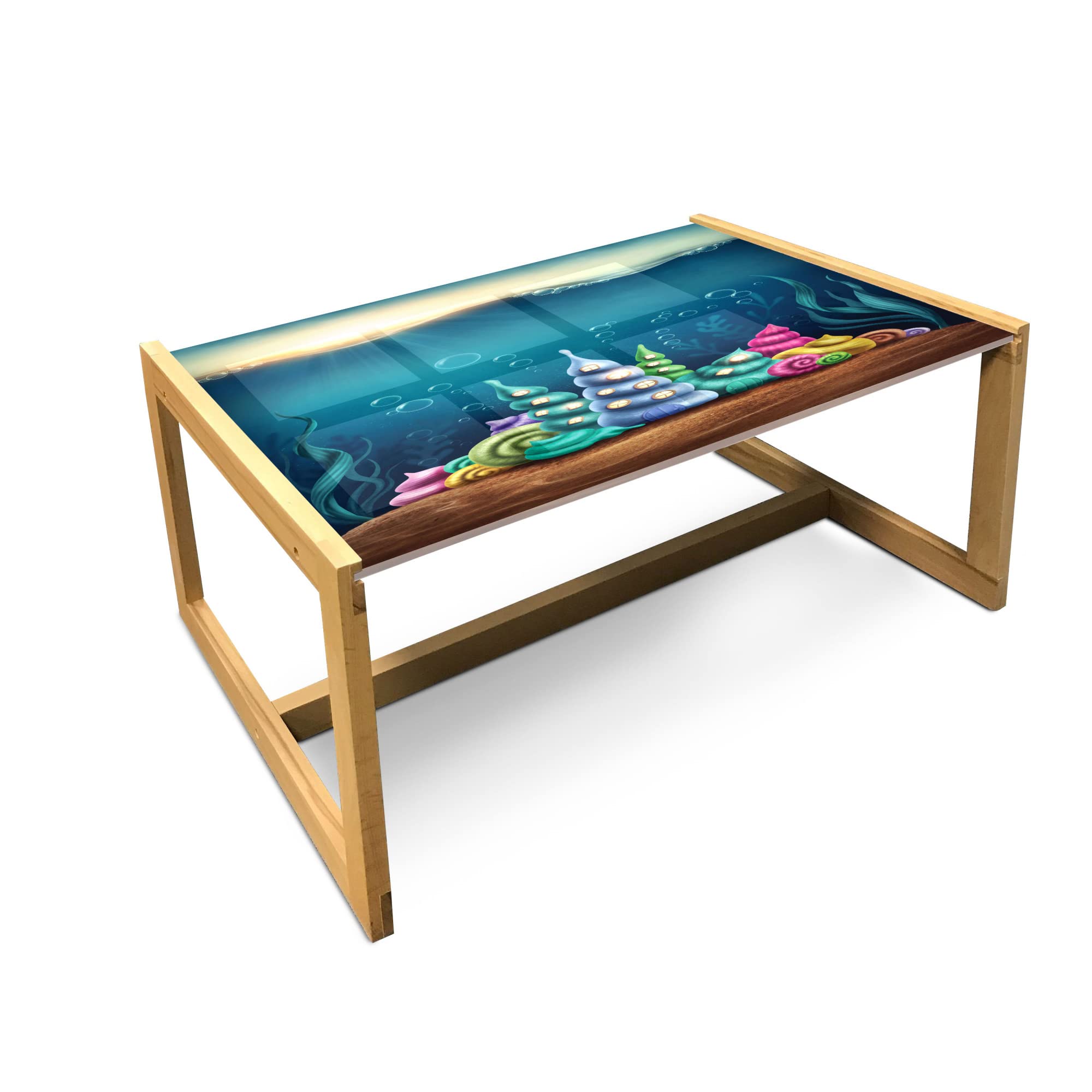 Ambesonne Ocean Themed Coffee Table - Underwater Fantasy Kingdom with Shell Houses & Water Bubbles Cartoon Print, Acrylic Glass Top with Wooden Frame - Large Teal Brown Center Table for Living Room, Office, Dorm Decor