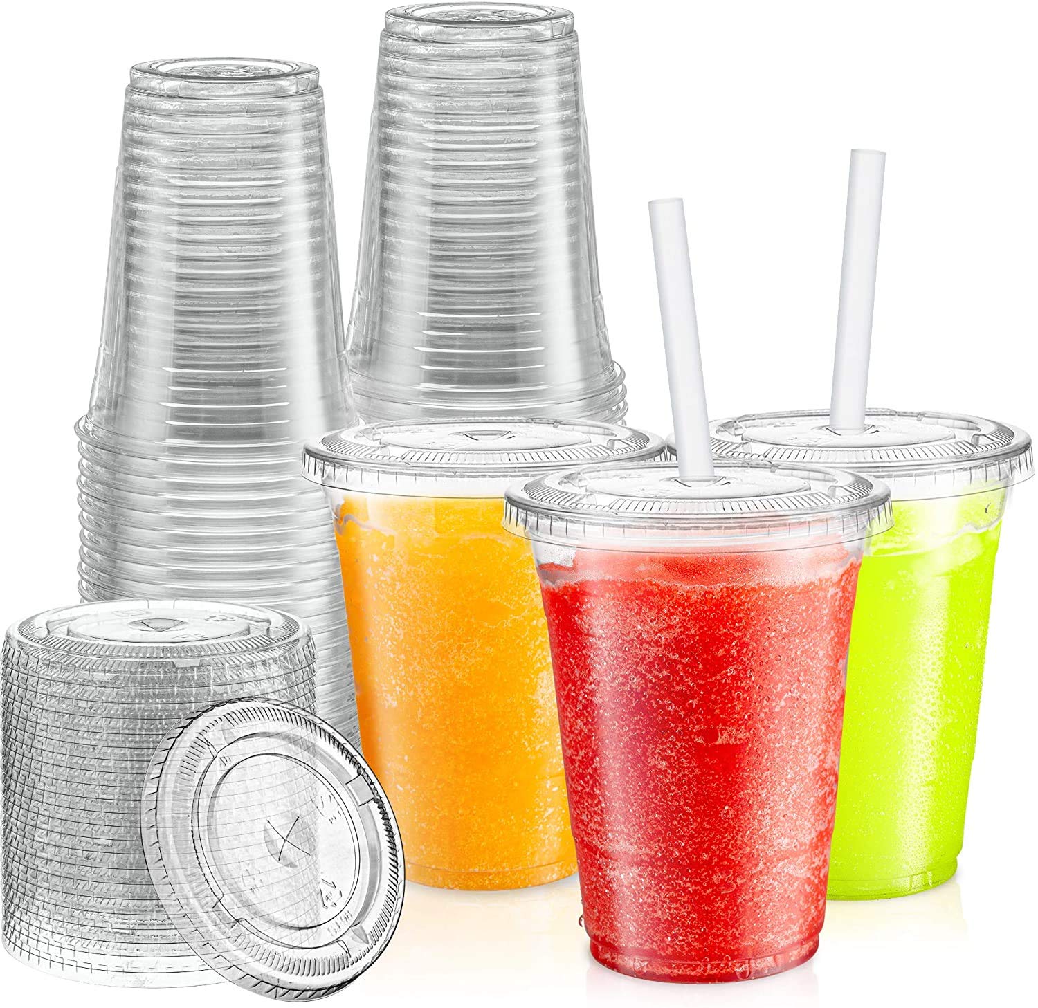 1000 Sets PET Crystal Clear Disposable Plastic Cups with Lids & Straw Slot - 16oz BPA-Free Party Cups for Beverages, Smoothies, Iced Coffee - Perfect for Weddings, BBQs, Picnics & Office Events