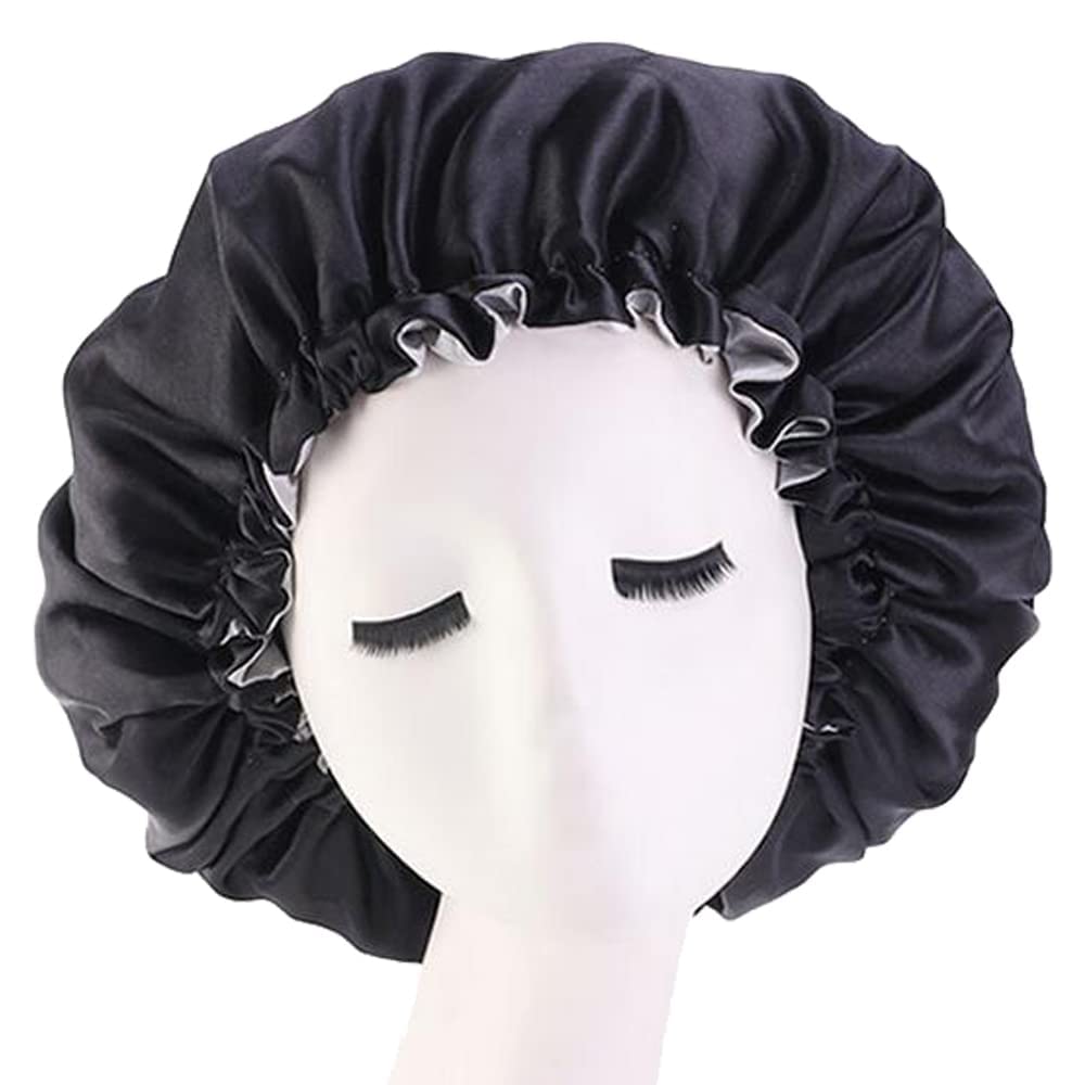 Premium Satin Silk Hair Bonnet for Sleeping & Curly Hair Protection - Includes 3 Luxury Silk Scrunchies - Soft Satin Head Wrap for Nighttime Hair Care (Black) - Perfect for Natural Hair, Braids, and Extensions