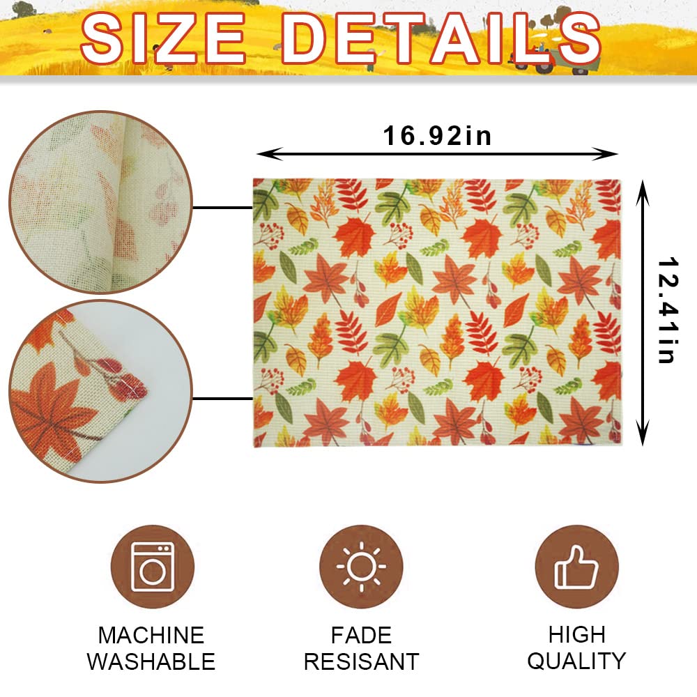 Maple Leaves Fall Placemats Set of 4 - Linen Sunflower Thanksgiving Table Mats for Dining, Harvest Decor - Perfect for Autumn Dinner Parties, Thanksgiving Feast & Cozy Home Kitchen Decor
