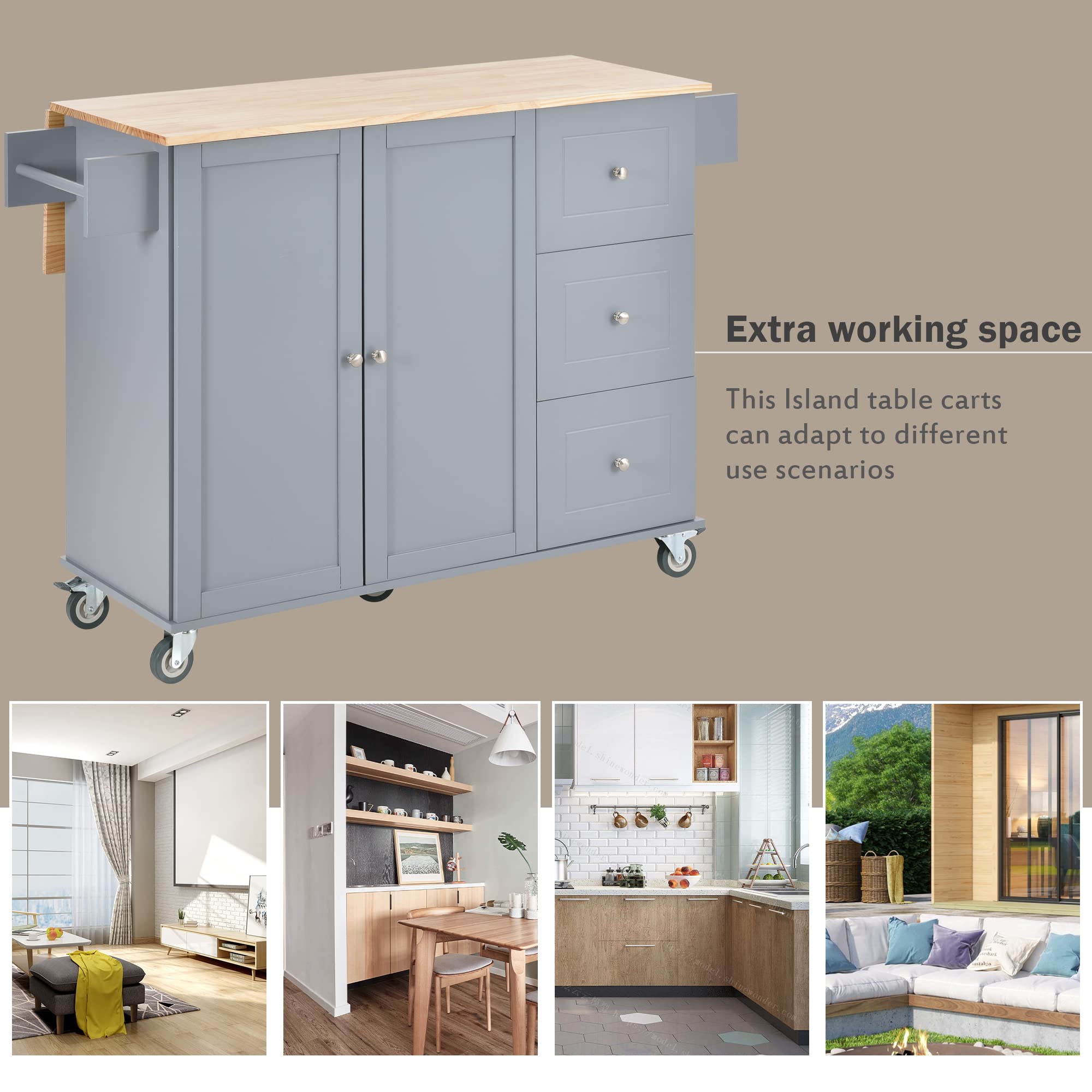 HABITRIO Multi-Functional Kitchen Island Cart with Cabinet, Storage Drawers & Spice Rack - Extendable Solid Wood Table Top, Wheels, Dusty Blue - Perfect for Small Kitchens, Dining Areas & Home Organization