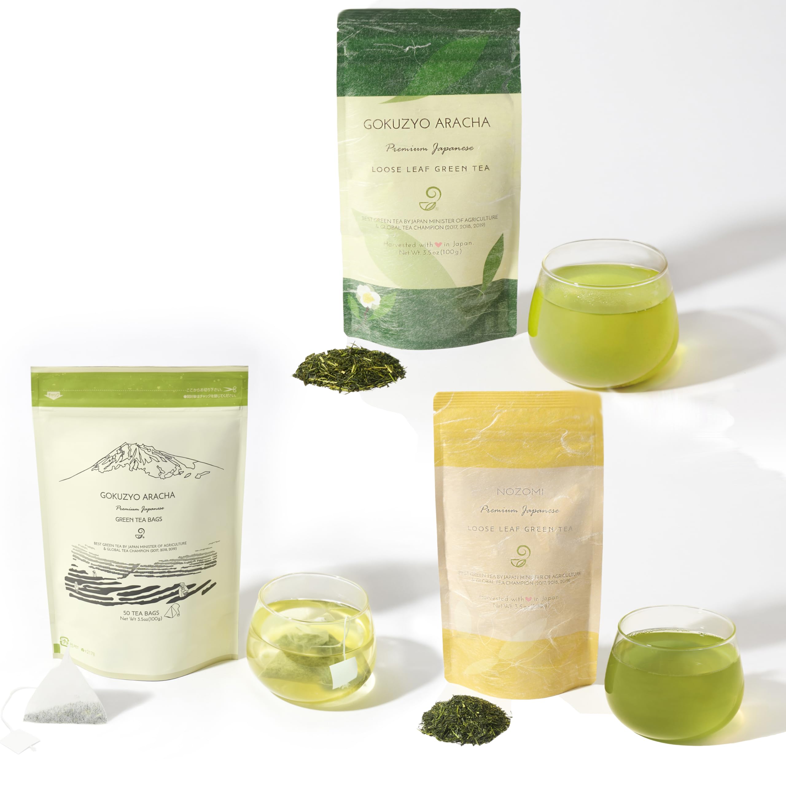 Premium Japanese Green Tea Set - Nozomi, Gokuzyo Aracha & Teabag Assortment - Non-GMO, Delicate Flavor - Authentic Japanese Tea Collection - Perfect for Tea Lovers, Gifts & Relaxation at Home or Office