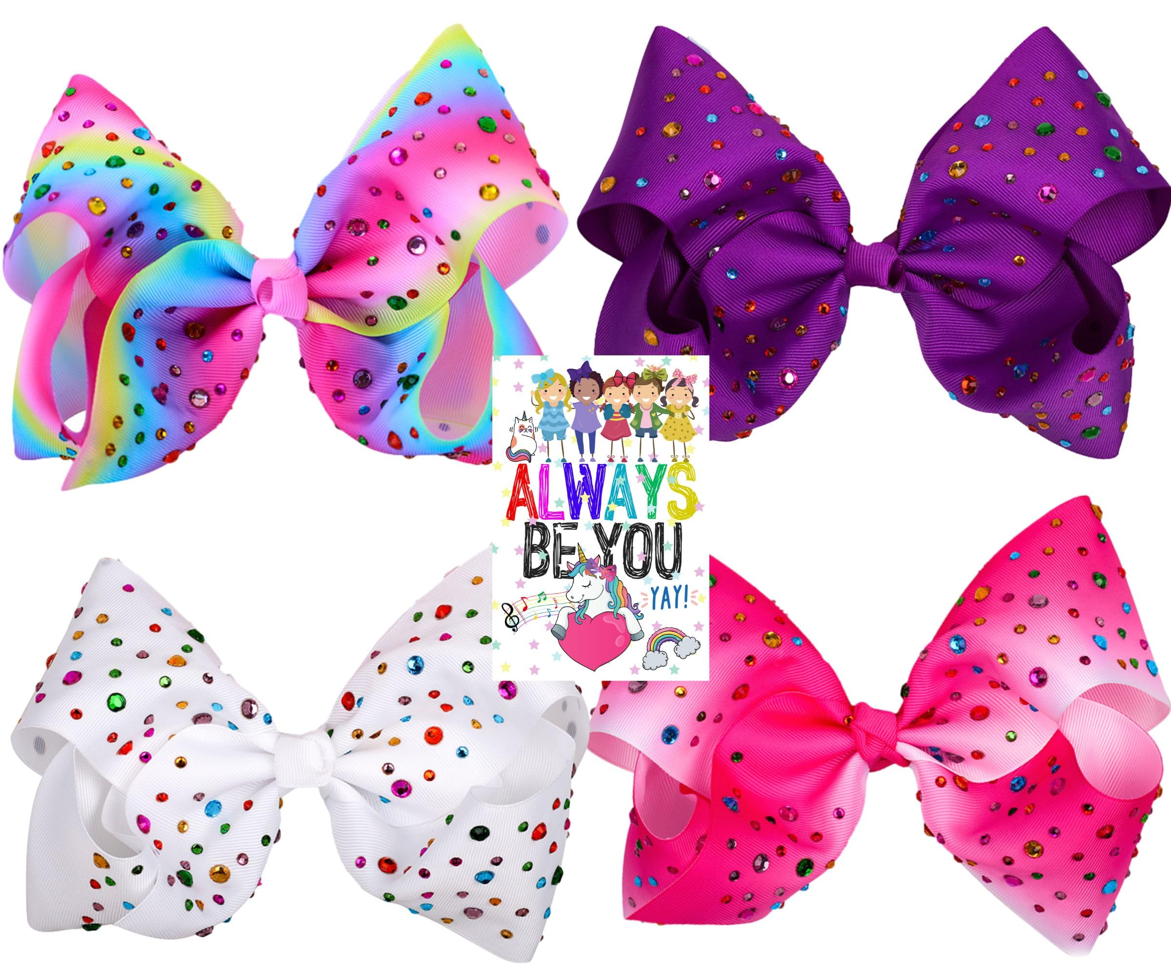 Worldly Finds 8 Inch Jumbo Rhinestone Hair Bows - 4 Pack Sparkly Cheer Bows for Girls | Fashion Hair Accessories for Cheerleading, Dance, Pageants & Special Occasions