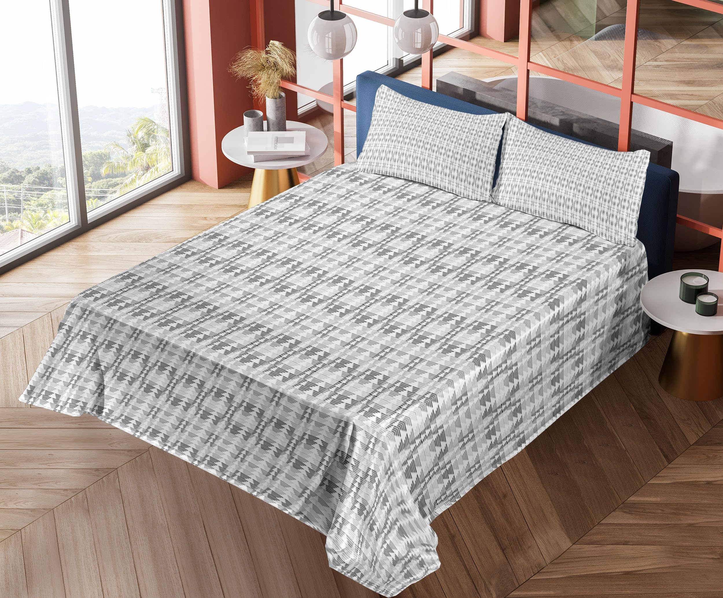 Ambesonne Abstract King Size 4-Piece Sheet Set - Grey & White Stripes & Triangles Design, Fitted & Flat Sheets with Pillowcases - Modern Bedroom Decor for Home, Hotel, or Guest Room