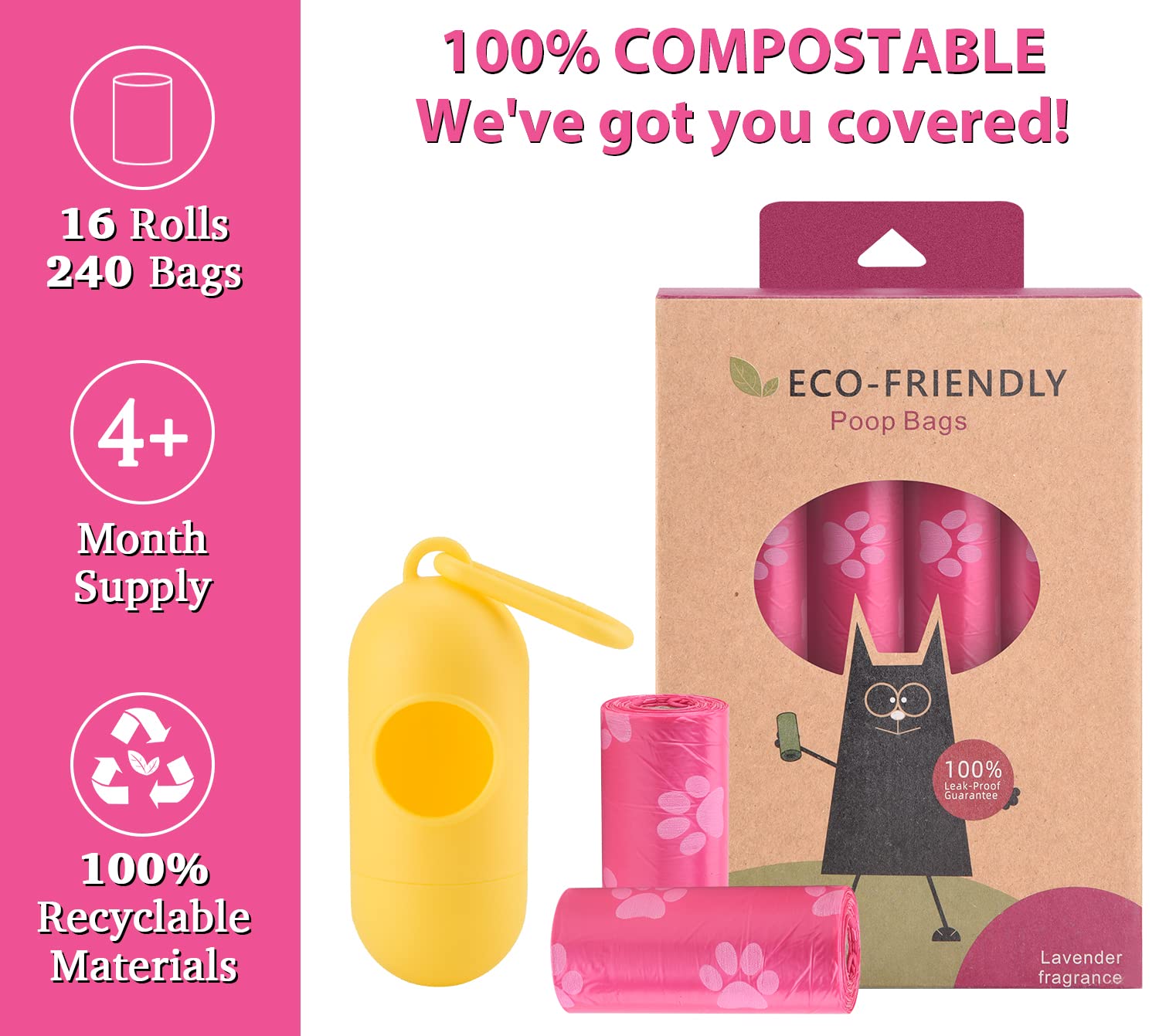 Biodegradable Dog Poop Bags with Holder - 240 Large Compostable Pet Waste Bags | Corn Starch Blended, Extra Thick & Leak Proof | Eco-Friendly Dog Walking & Park Cleanup (Pink)