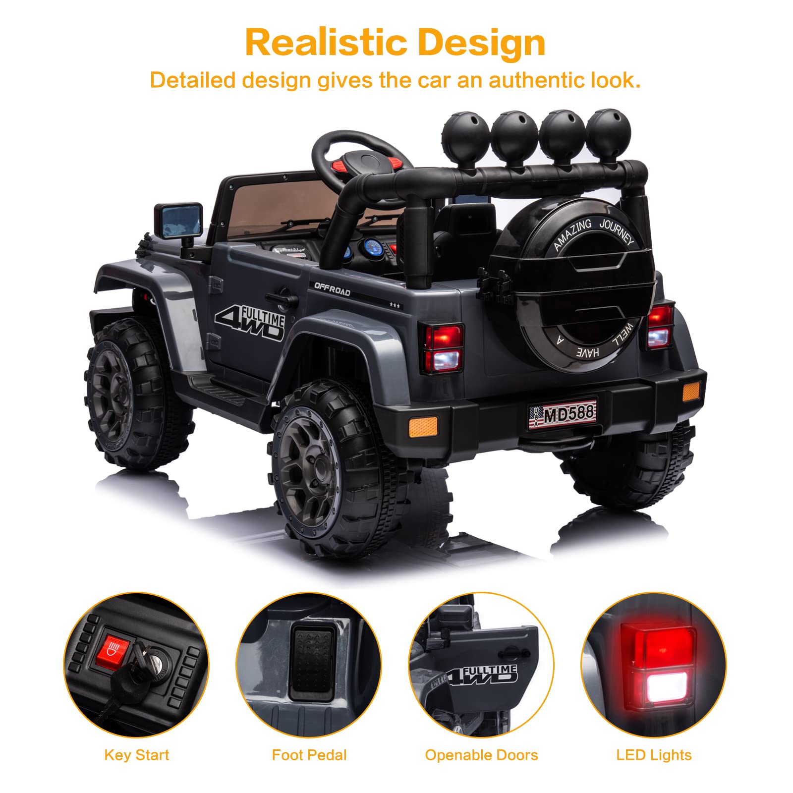 IKON MOTORSPORTS 12V Kids Electric Ride-On Car with Parental Remote Control, DIY Stickers, 2 Motors & LED Lights - Full Function Doors, Music Player in Gunmetal Gray - Perfect for Outdoor Play & Birthday Gifts for Toddlers Ages 3-8 Years Old
