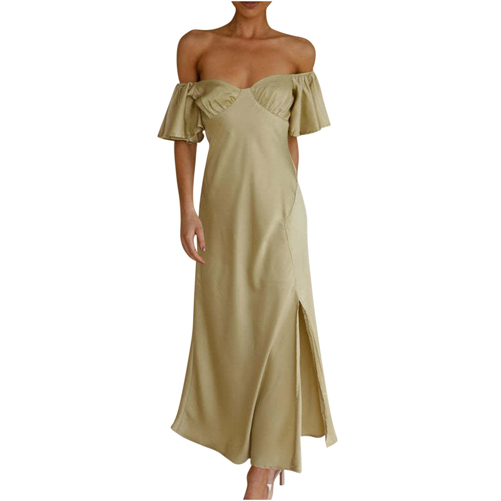 NATHGAM Women's Elegant Satin Off Shoulder Cocktail Dress with Butterfly Sleeves & Side Slit - Perfect for Summer Weddings, Formal Events & Prom Nights