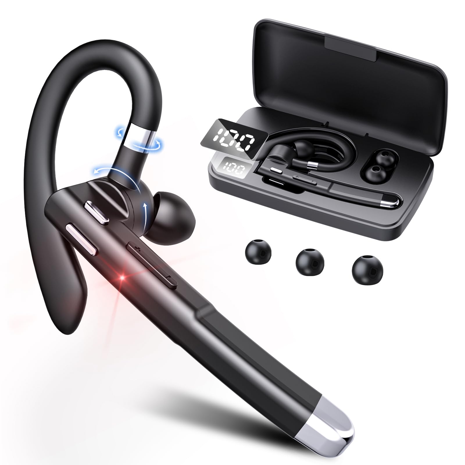 EUQQ Bluetooth Headset - Wireless Earbuds with Charging Case, 120H Playtime, Dual Connect Hands-Free Headphones with Built-in Mic for Truckers, Office Meetings & Conference Calls (Black) - Perfect for Work, Commuting & Online Classes