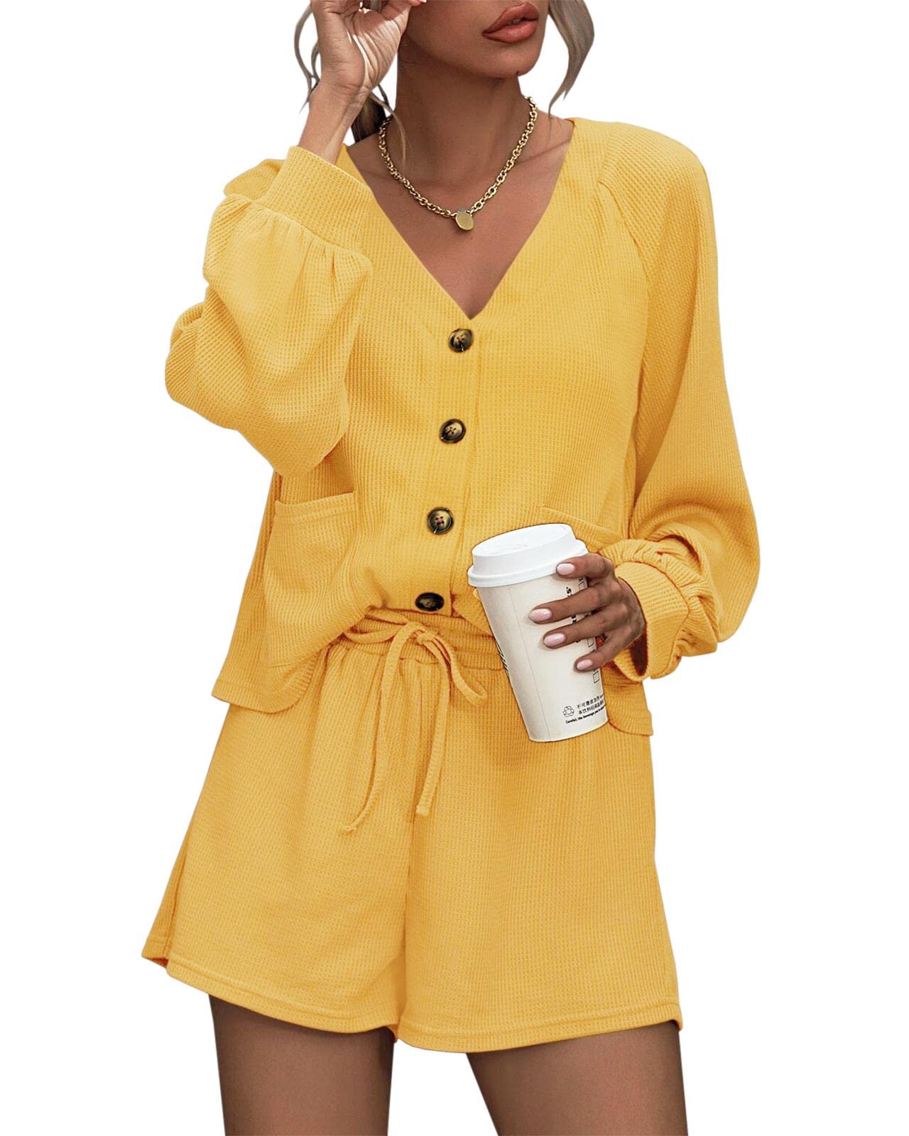 Women's Waffle Knit 2-Piece Outfit Set - Long Sleeve Button Down Cardigan & Shorts Loungewear - Cozy Fall/Winter Pajamas, Casual Home Wear & Sleepwear