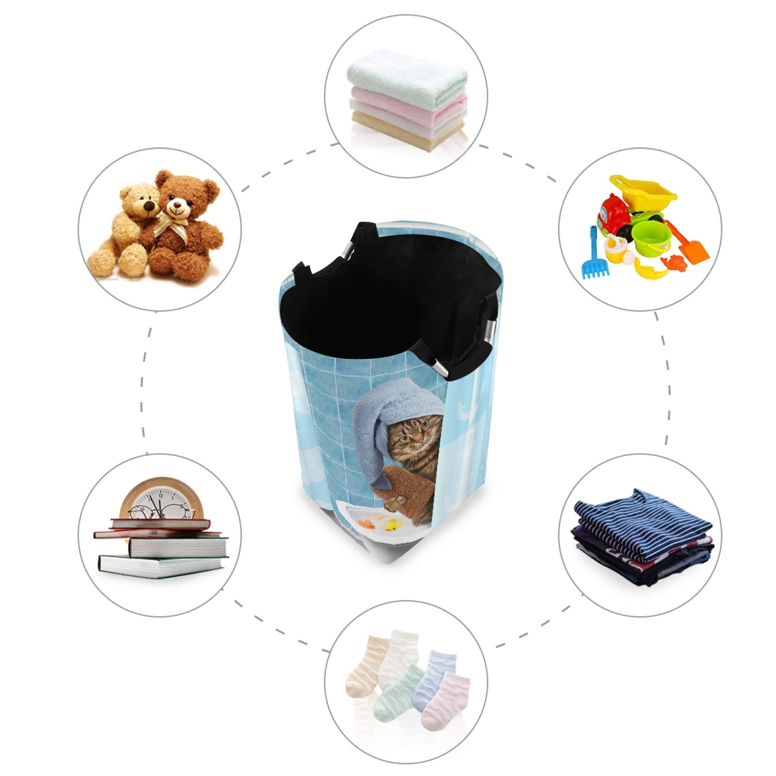 Funny Cat Shower Curtain Laundry Hamper - Foldable Waterproof Dirty Clothes Basket with Handles for Bathroom & Bedroom Storage | Perfect for Toy Organization, Bathroom Decor & Pet Lover Gifts