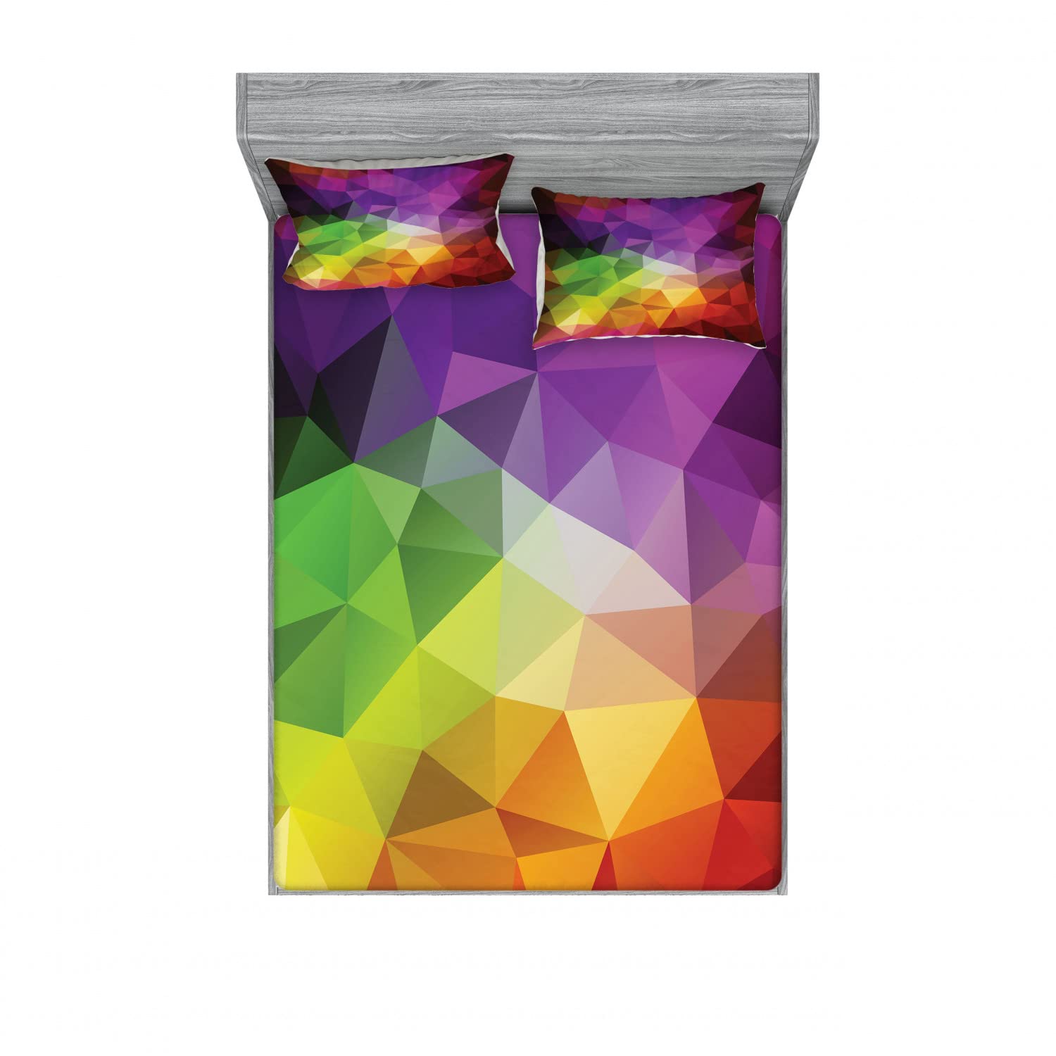 Ambesonne 2-Pack Queen Size Fitted Sheet & Pillow Sham Set - Geometric Polygon Pattern Multicolor 4-Piece Bedding Set (2 Fitted Sheets + 4 Pillow Covers) for Modern Bedroom Decor & Guest Room Styling