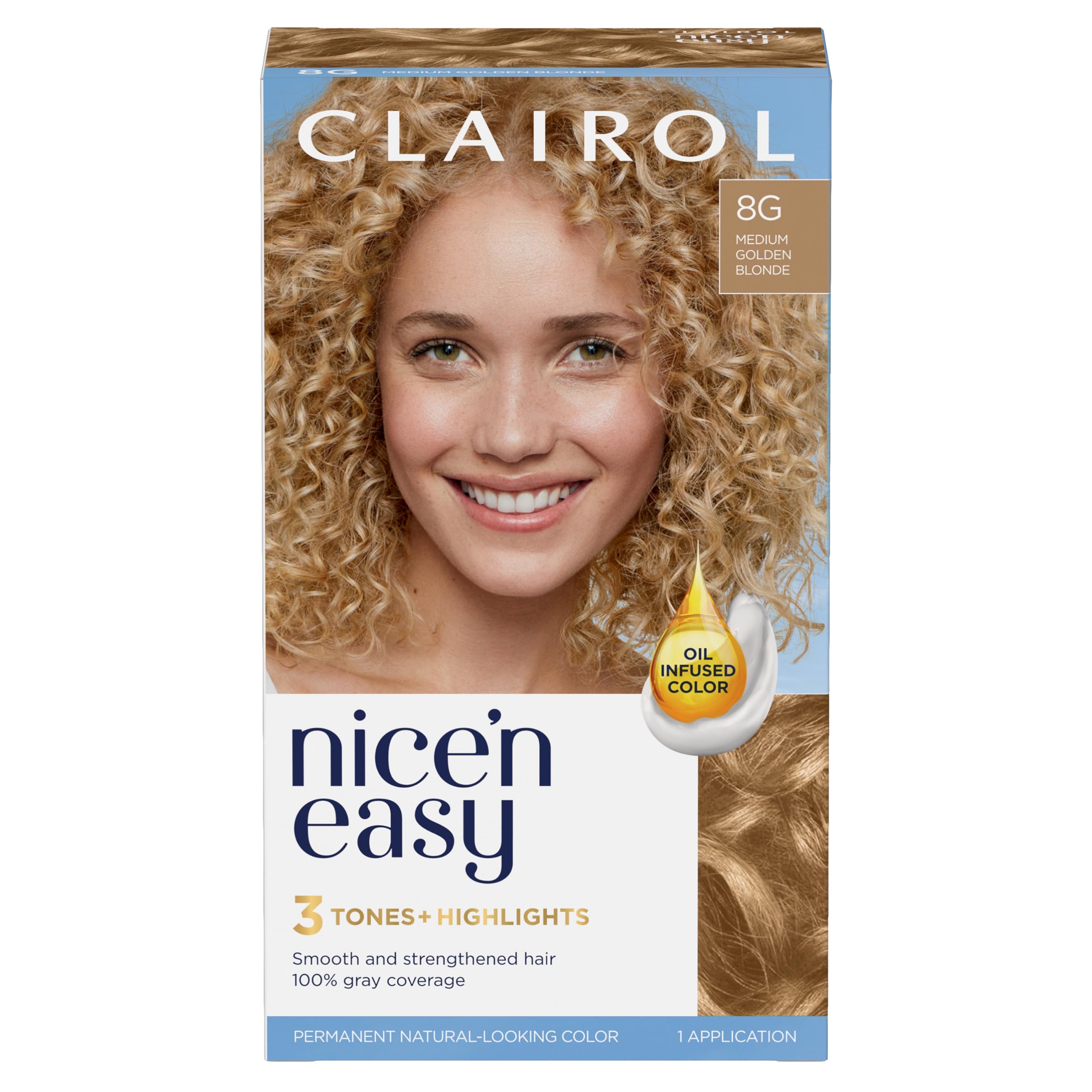 Clairol Nice'n Easy Permanent Hair Dye - 8G Medium Golden Blonde Hair Color (1 Pack) | Long-Lasting, Ammonia-Free Formula for At-Home Hair Coloring | Perfect for Touch-Ups, Full Coverage, and Gray Coverage