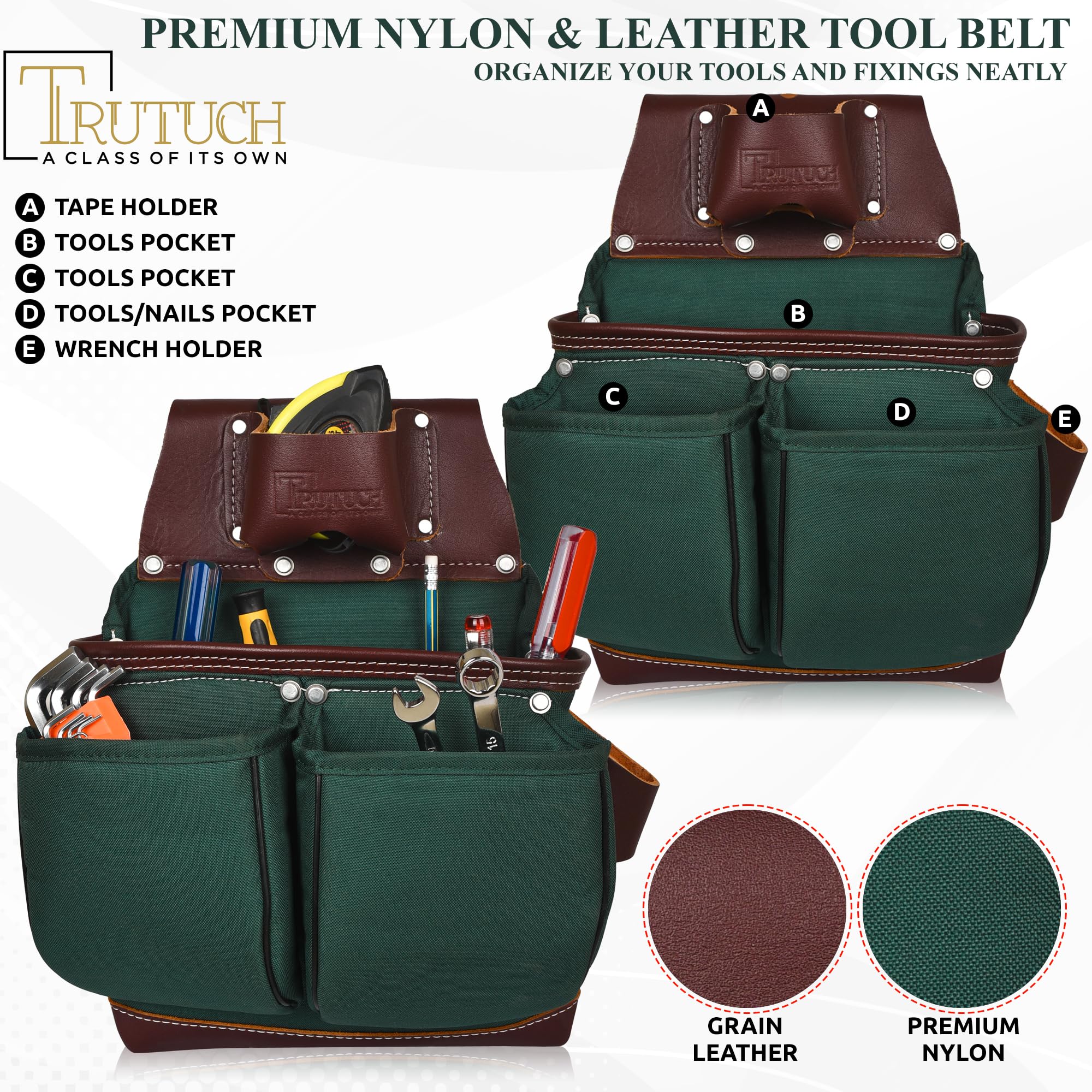 Durable Nylon & Leather Tool Belt for Carpenters, Construction Workers, Electricians - Heavy Duty Framing Tool Bag with Multiple Pockets (Green) - Perfect for Job Sites, DIY Projects & Home Renovations
