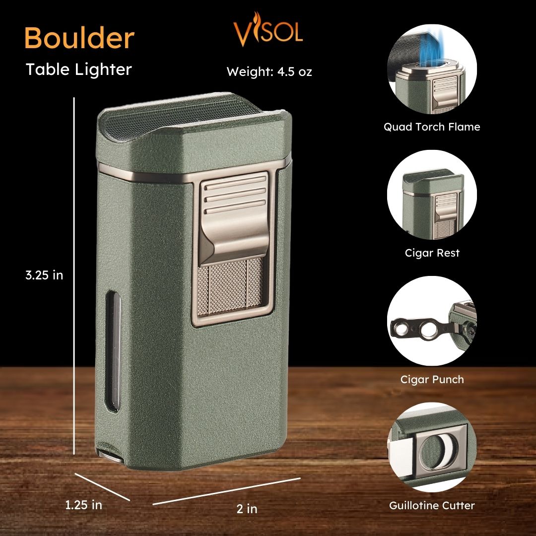 Visol Boulder Quad Torch Flame Lighter - Windproof Refillable Butane Lighter for Cigars, Camping, BBQ & Outdoor Use (Green)