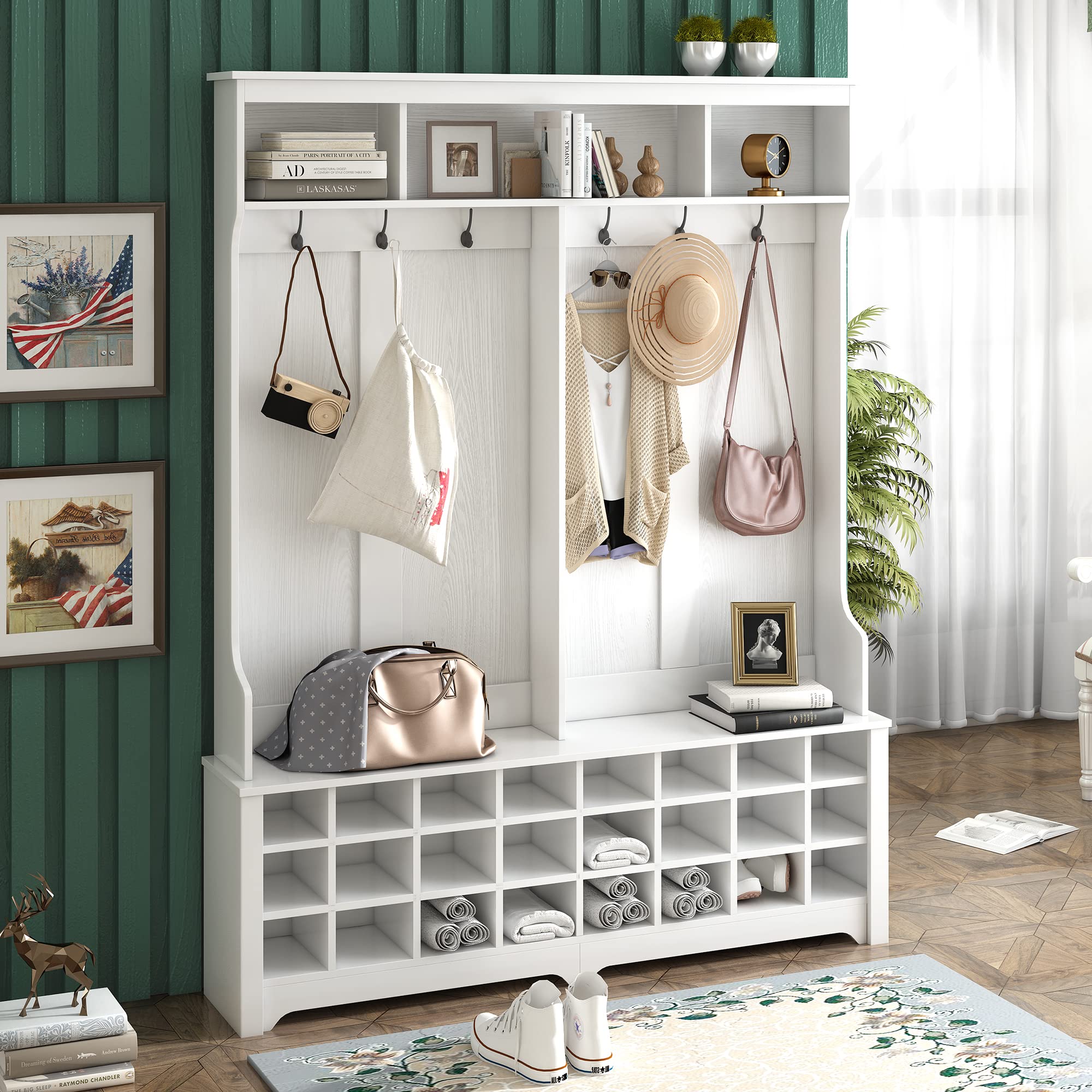 **24-Cube Hall Tree with Shoe Storage & 6 Hooks - Large Entryway Bench with 3 Shelves for Coats, Shoes & Organizing - Perfect for Foyers, Mudrooms & Small Spaces (White)**