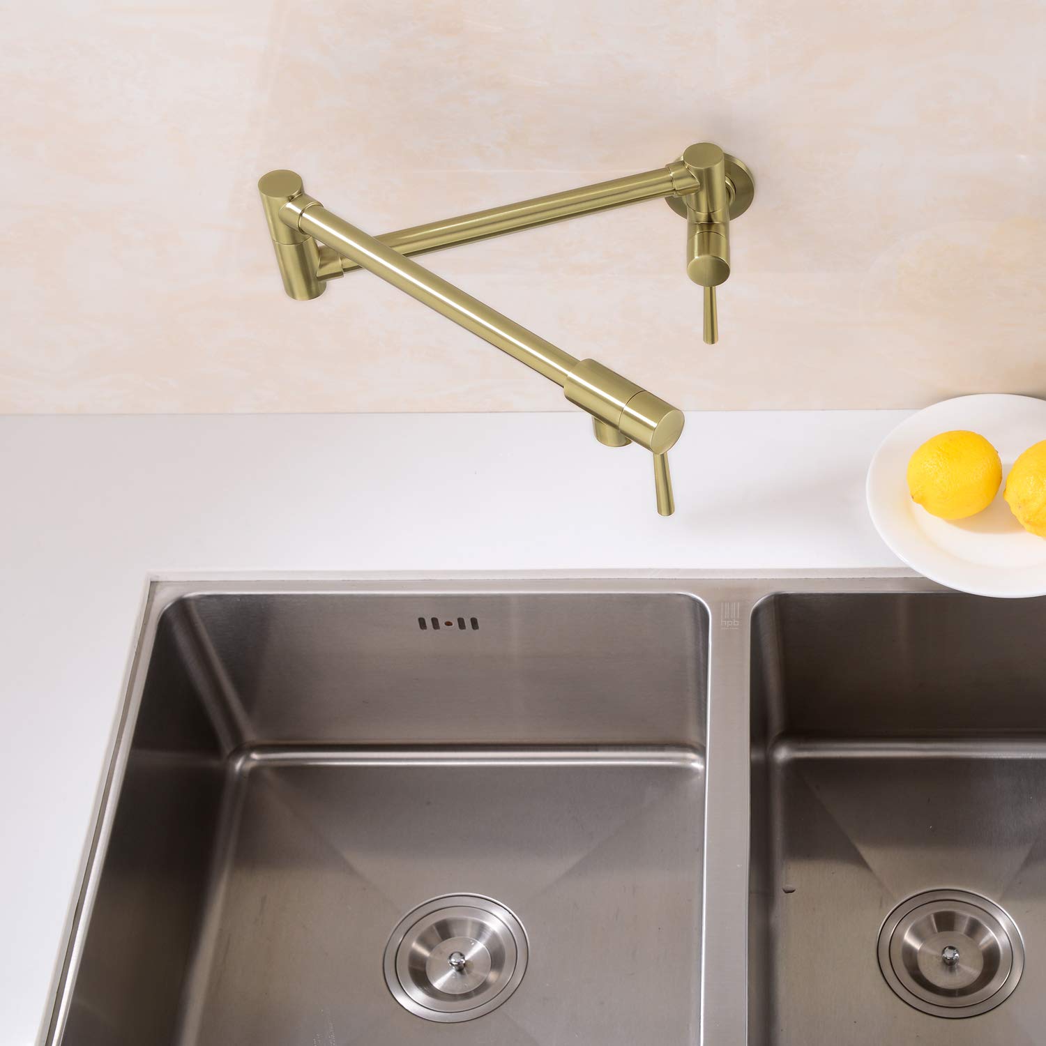 Wall Mounted Brass Pot Filler Kitchen Faucet with Double Joint Swing Arms - Foldable & Stretchable Single Hole Two Handle Design in Gold Brushed Finish | Perfect for Home Kitchen, Restaurant, and Commercial Use