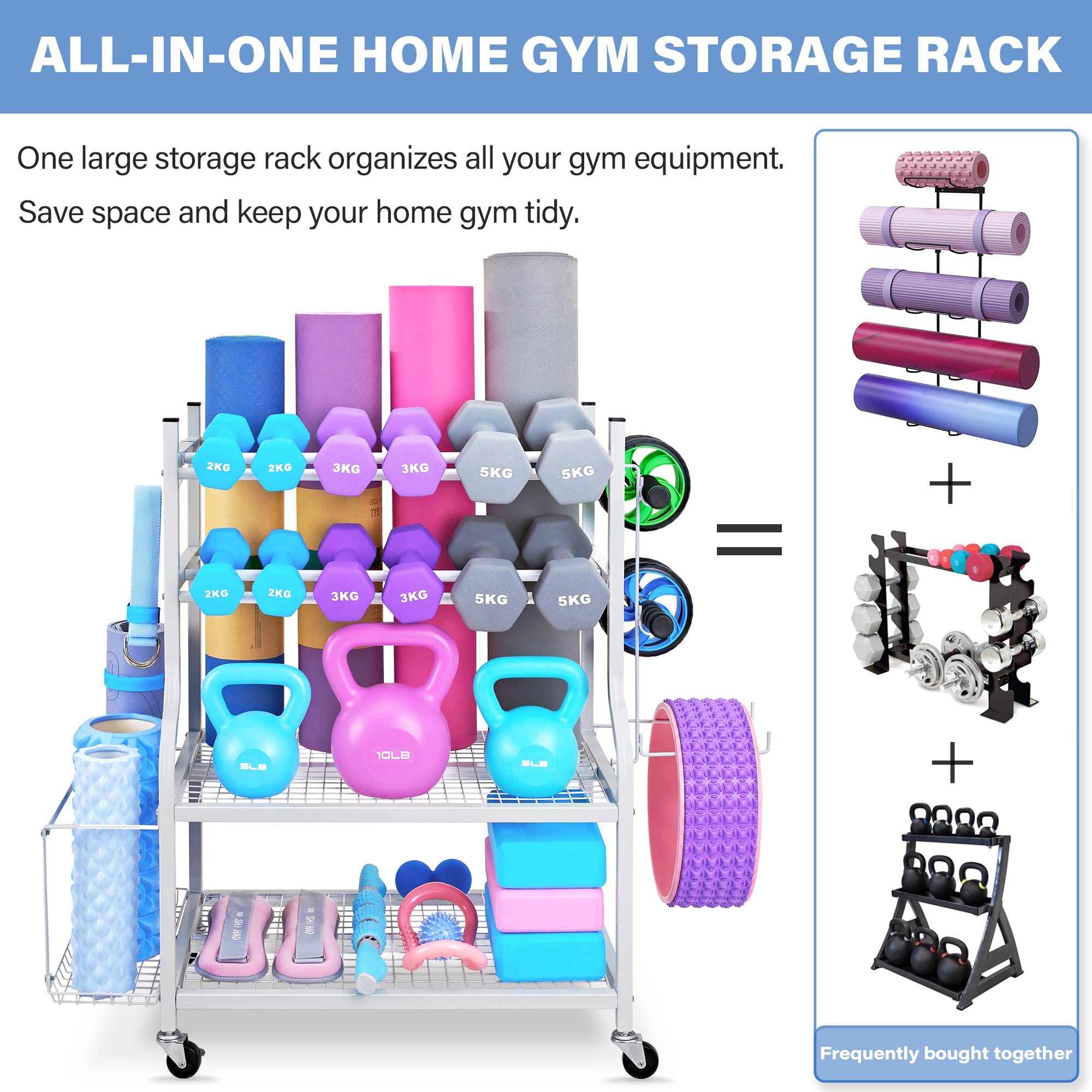 Heavy Duty Dumbbell Rack & Yoga Mat Storage Organizer - All-in-One Home Gym Equipment Stand for Dumbbells, Kettlebells & Yoga Mats with Locking Caster Wheels - Perfect for Garage Gym, Home Workout & Fitness Studio Organization