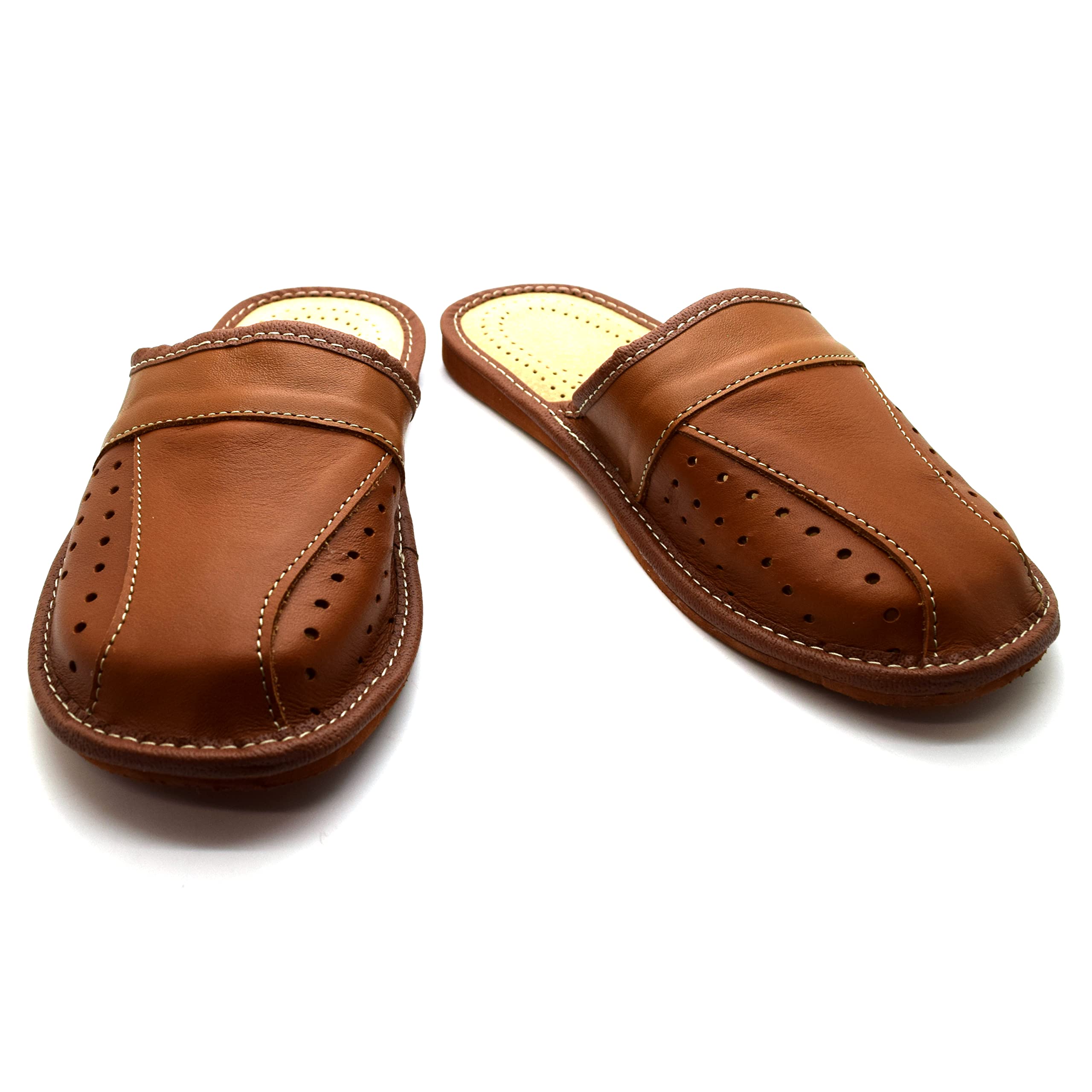 SolaDirect Men's Natural Leather Slippers - Comfortable Closed Toe Slip-On Mules for Indoor & Outdoor Use - Perfect House Shoes, Lounge Sandals for Relaxing at Home or Quick Errands