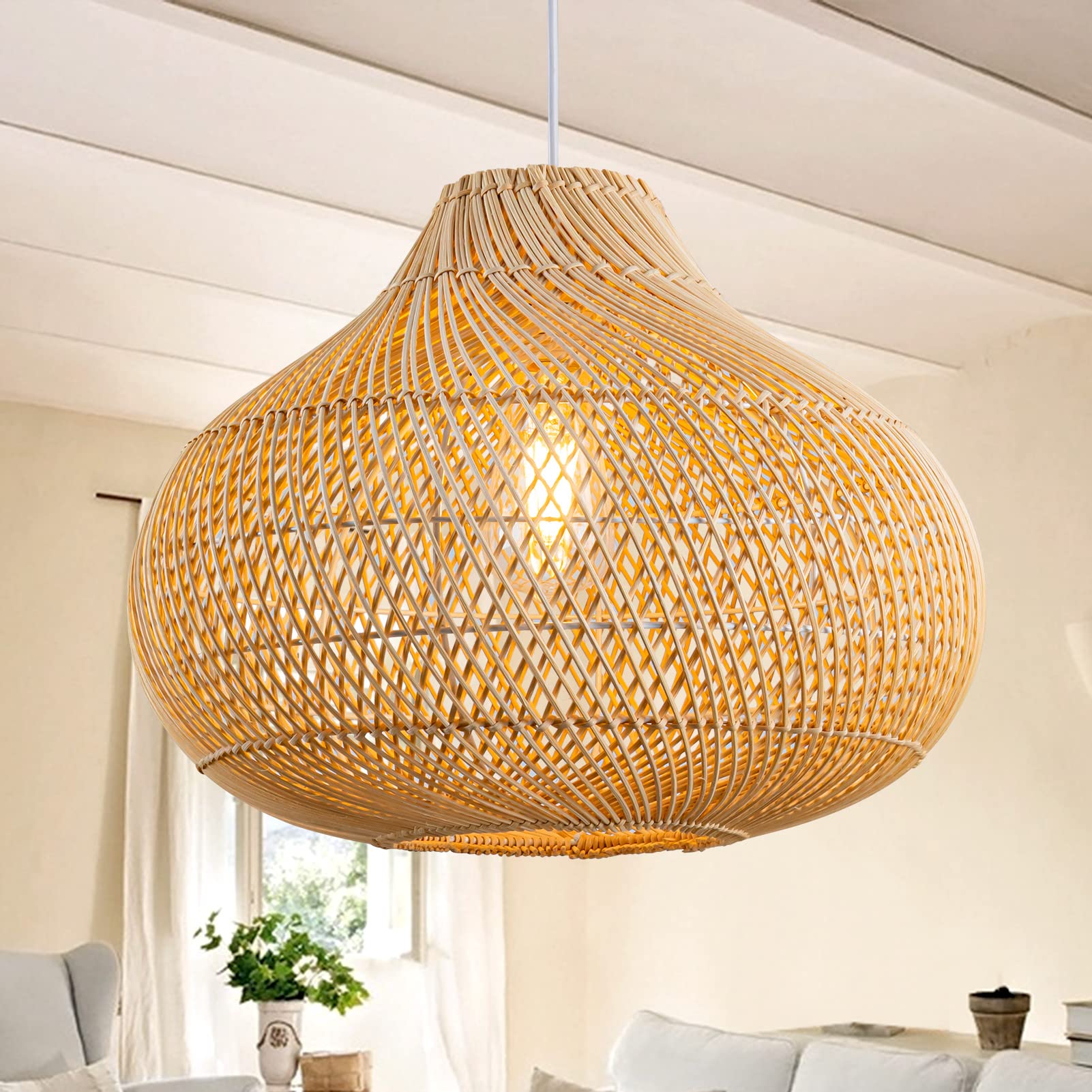 Hand-Woven Rattan Pendant Light - Large Boho Wicker Chandelier for Dining Room, Kitchen Island & Living Room | Natural Fiber Hanging Lamp for Farmhouse, Coastal & Bohemian Home Decor