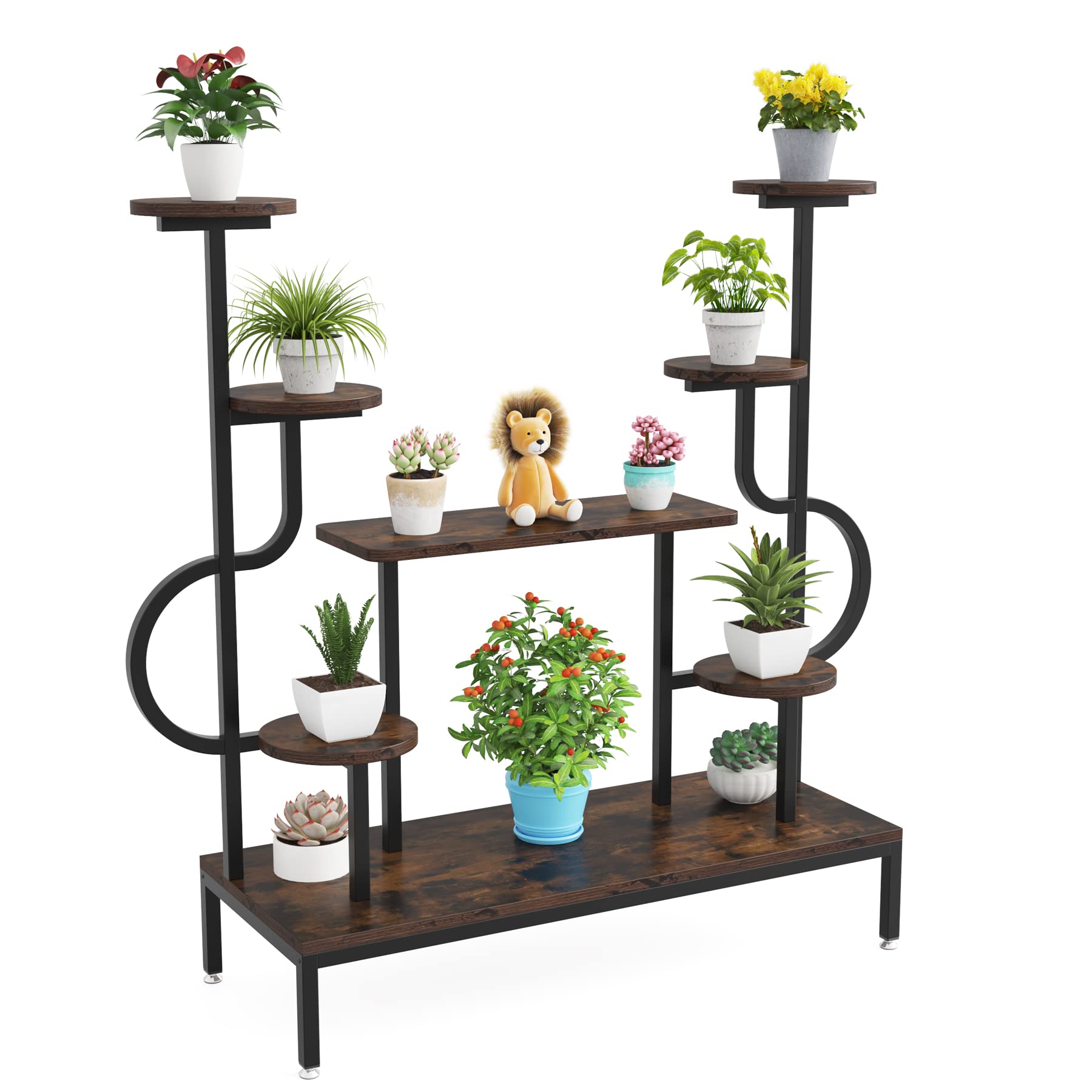 Tribesigns 8-Tier Metal Plant Stand - Tall Indoor/Outdoor Plant Shelf with Round & Square Boards for Multiple Plants - Rustic Brown & Black Flower Rack for Living Room, Patio, Balcony - Perfect for Home Decor, Garden Display & Small Space Organization