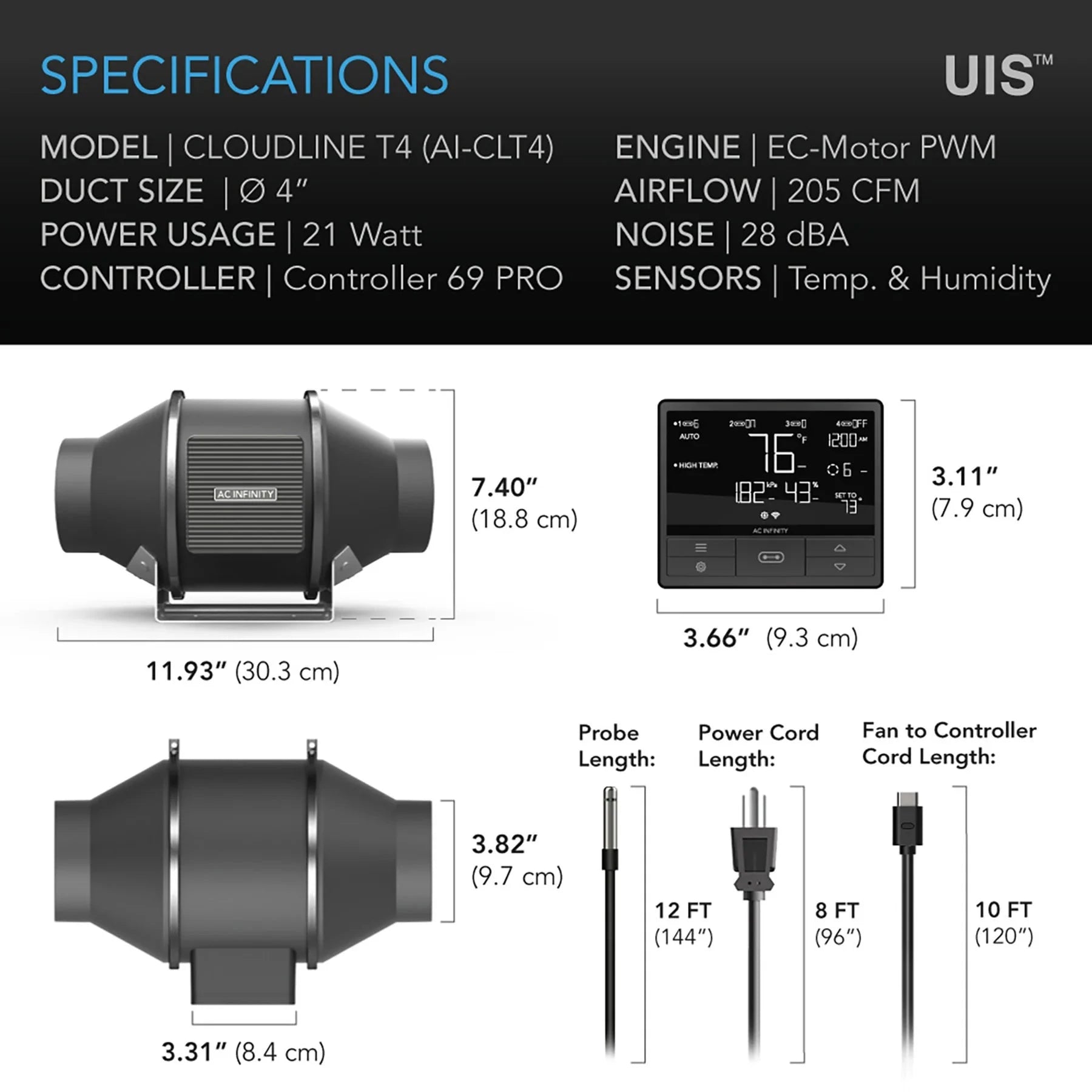 AC Infinity Cloudline Pro T4 Quiet Inline Fan with 69 Pro Smart Controller Combo (AI CLT4) - Perfect for Hydroponics, Grow Tents & Home Ventilation