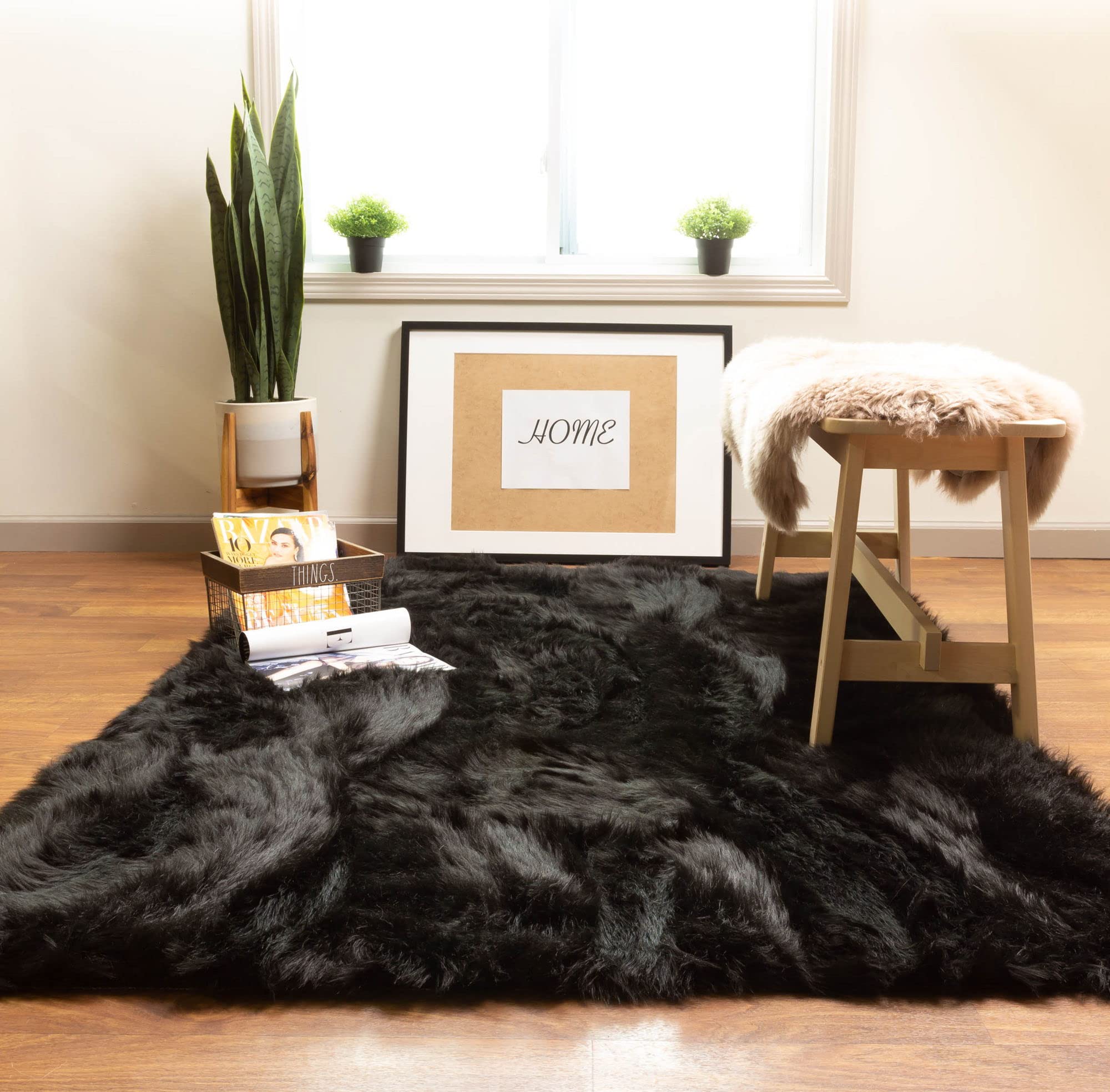 Premium Ultra Soft Fluffy Faux Sheepskin Area Rug - 3x5 Feet Black Shaggy Rug for Bedroom, Living Room, Nursery | Cozy Home Decor & Floor Mat for Cold Weather Comfort