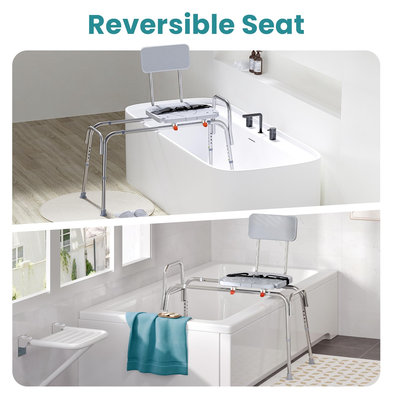 Adjustable Height Sliding Shower Chair with Non-Slip Aluminum Frame & Safety Belt - 400Lbs Capacity Shower Transfer Bench for Elderly & Handicap - Ideal for Bathroom Safety, Assisted Showering & Mobility Support