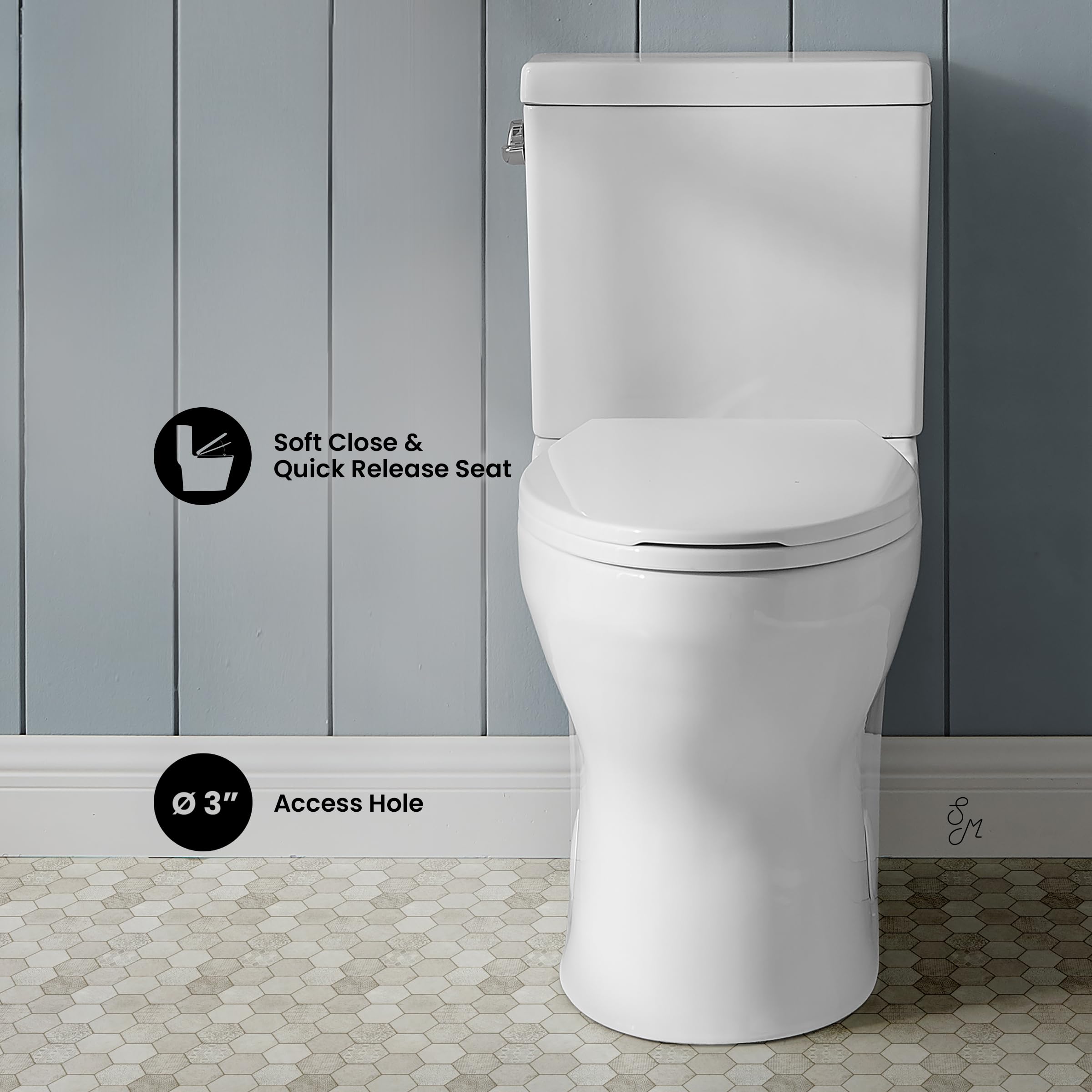 Swiss Madison Well Made Forever Classe Two-Piece Elongated Left Side Flush Handle Toilet 1.28 GPF - Modern Water-Efficient Bathroom Solution for Homes & Commercial Spaces