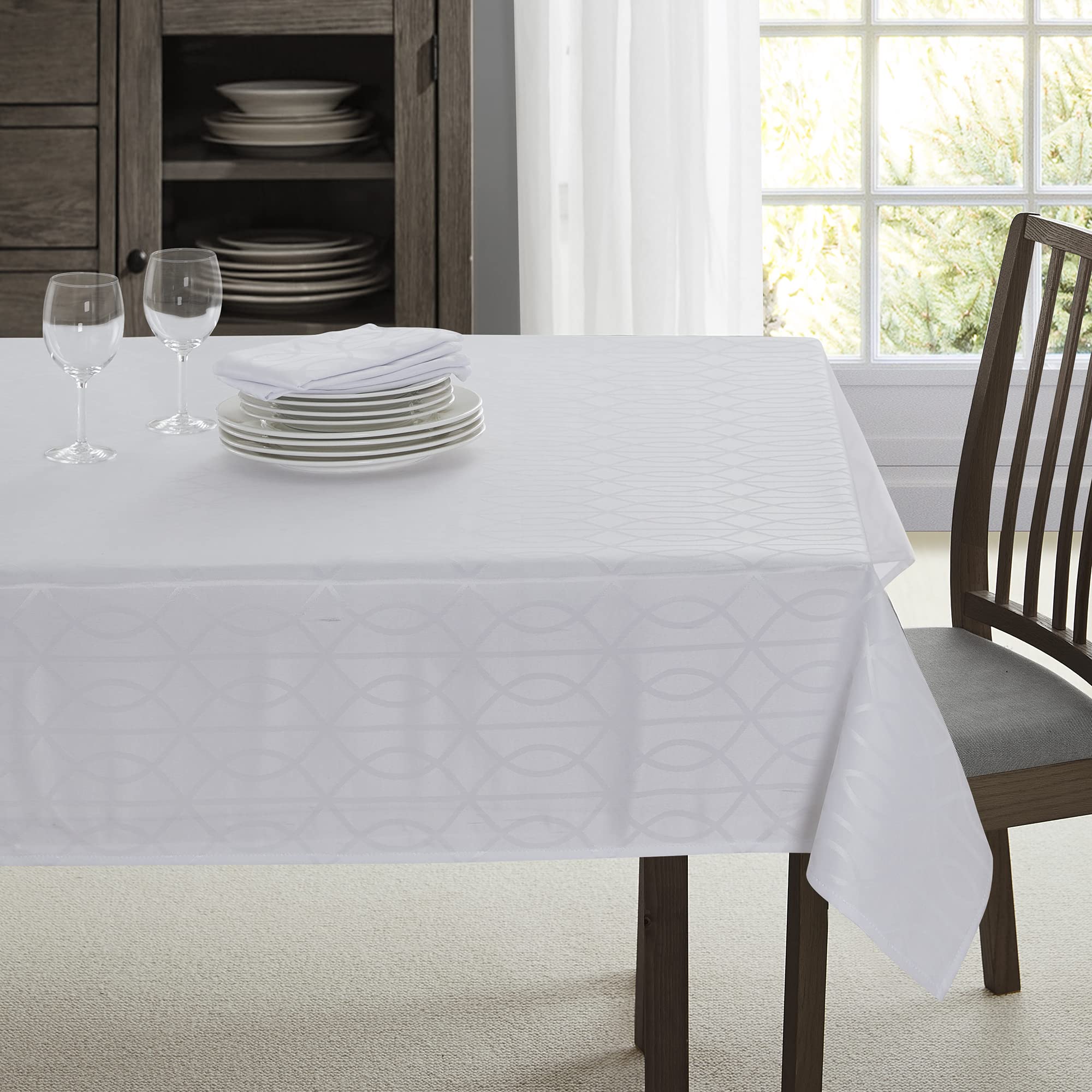 Premium TEFLON Branson Jacquard 100% Microfiber Tablecloth - Spill Proof, Wrinkle Resistant & Highly Durable for Restaurants - 52x70 Inch White - Perfect for Indoor & Outdoor Dining, Parties, and Events