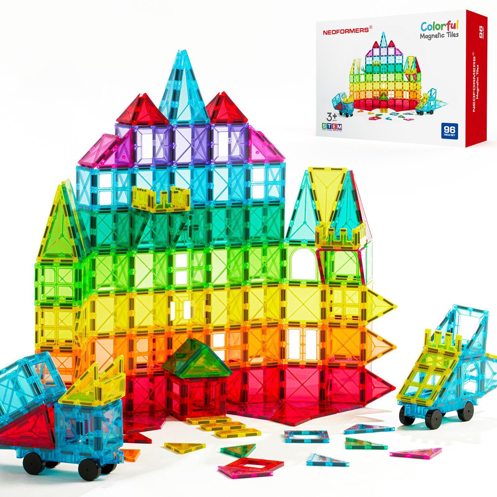 96 Pcs Magnetic Tiles - 3D Building Blocks STEM Educational Toys for Kids Ages 3+, Magnet Puzzles for Toddlers Boys & Girls - Perfect for Preschool Learning, Creative Play & Family Bonding (NF-96 Set)