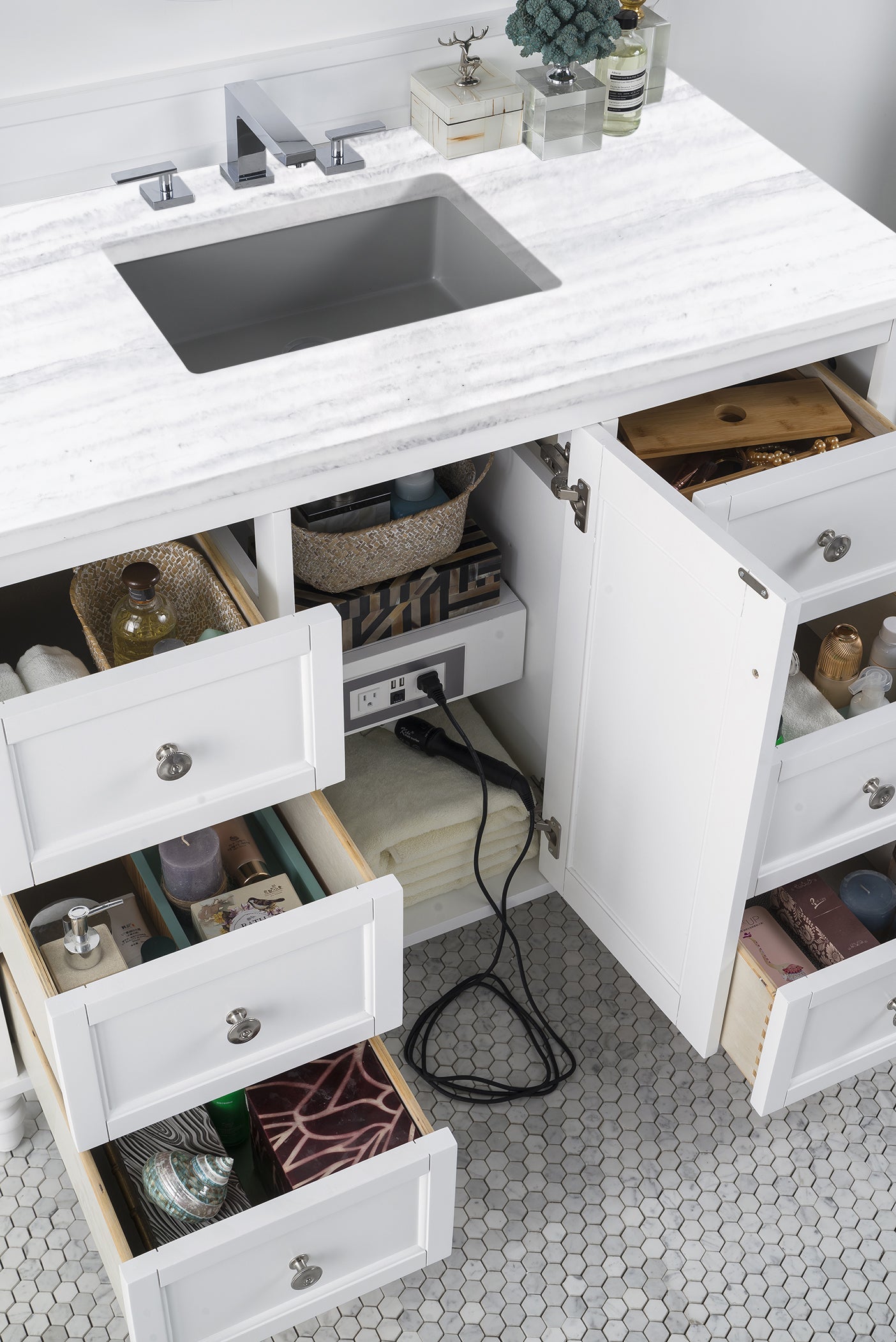Copper Cove Encore 48 Inch Single Bathroom Vanity with 3CM Arctic Fall Solid Surface Top - Bright White Finish | Perfect for Modern Bathroom Remodeling and Home Renovation Projects