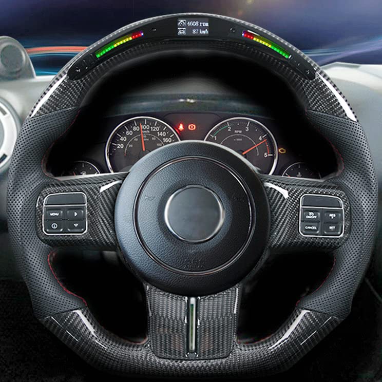Qiilu LED Racing Steering Wheel - Carbon Fiber Flat Bottom D-Type with LED Shift Lights, Black Leather & Red Stitching - Compatible with Jeep Wrangler JL 2-Door (2018-2021) | Perfect for Off-Roading & Performance Driving